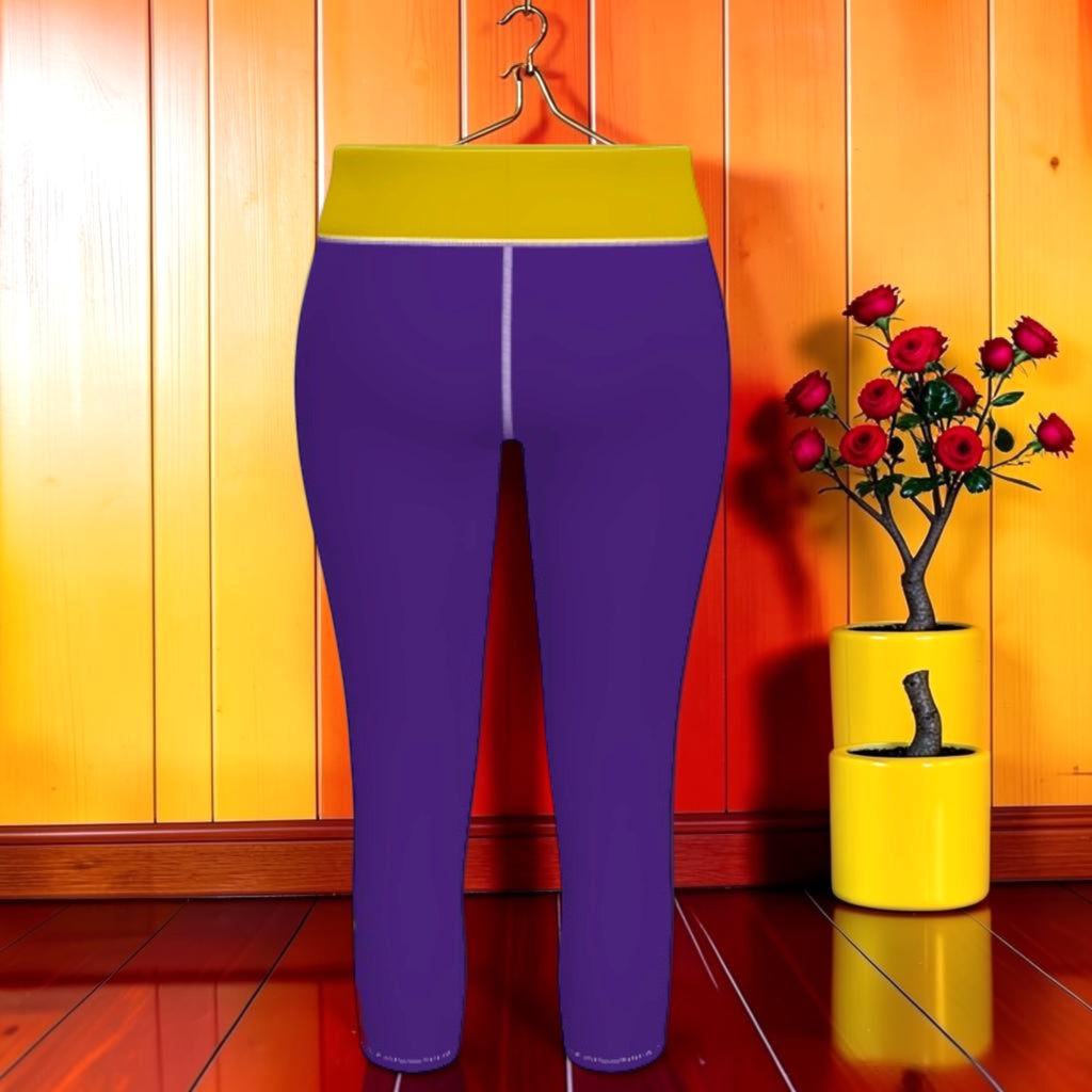 Vol II The Chariot Capri — back view, solid purple body with yellow-green waistband, Eden Edit