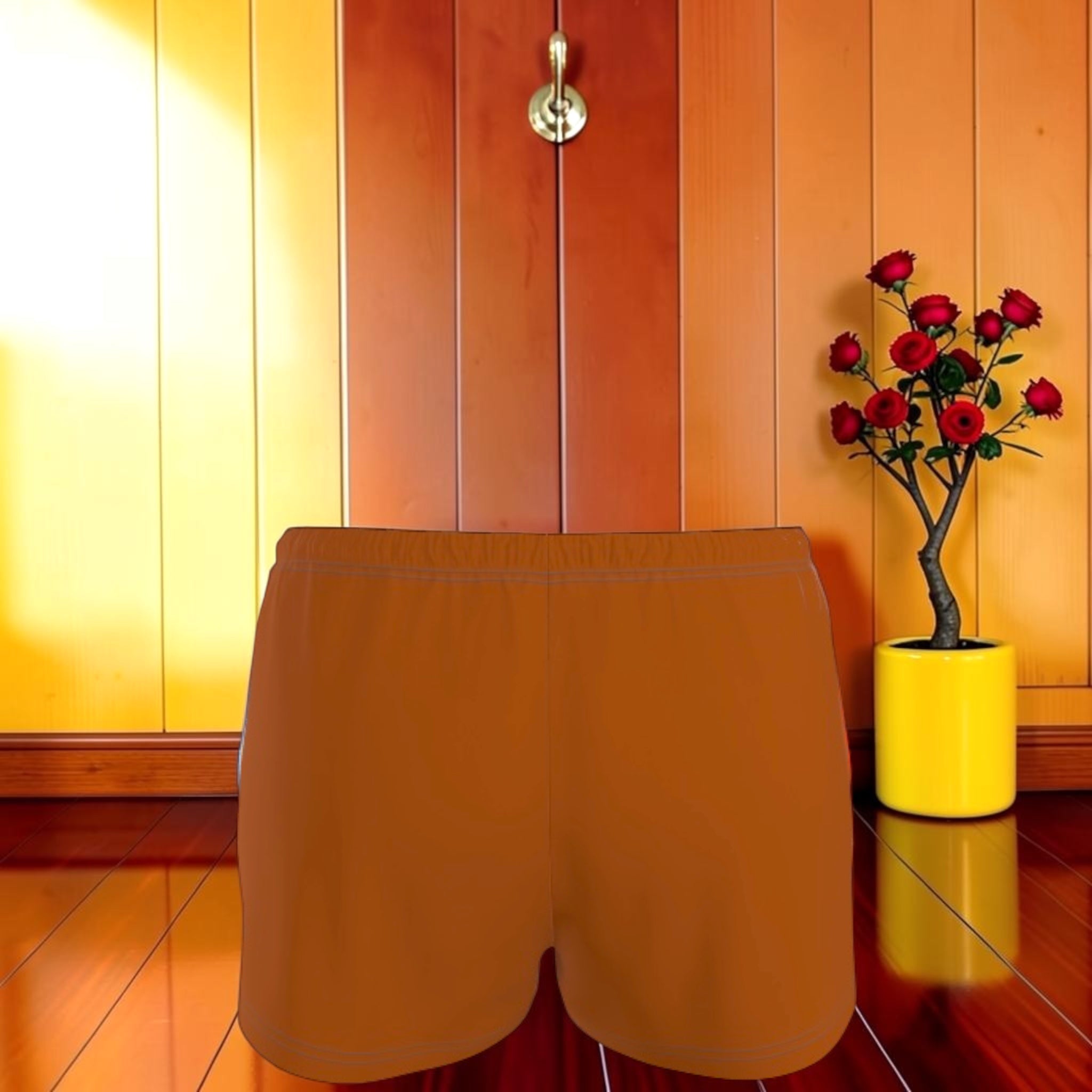 Vol II — The Eden Edit Color-Block Short, solid caramel colorway, relaxed short silhouette, orange wall backdrop, GEA
