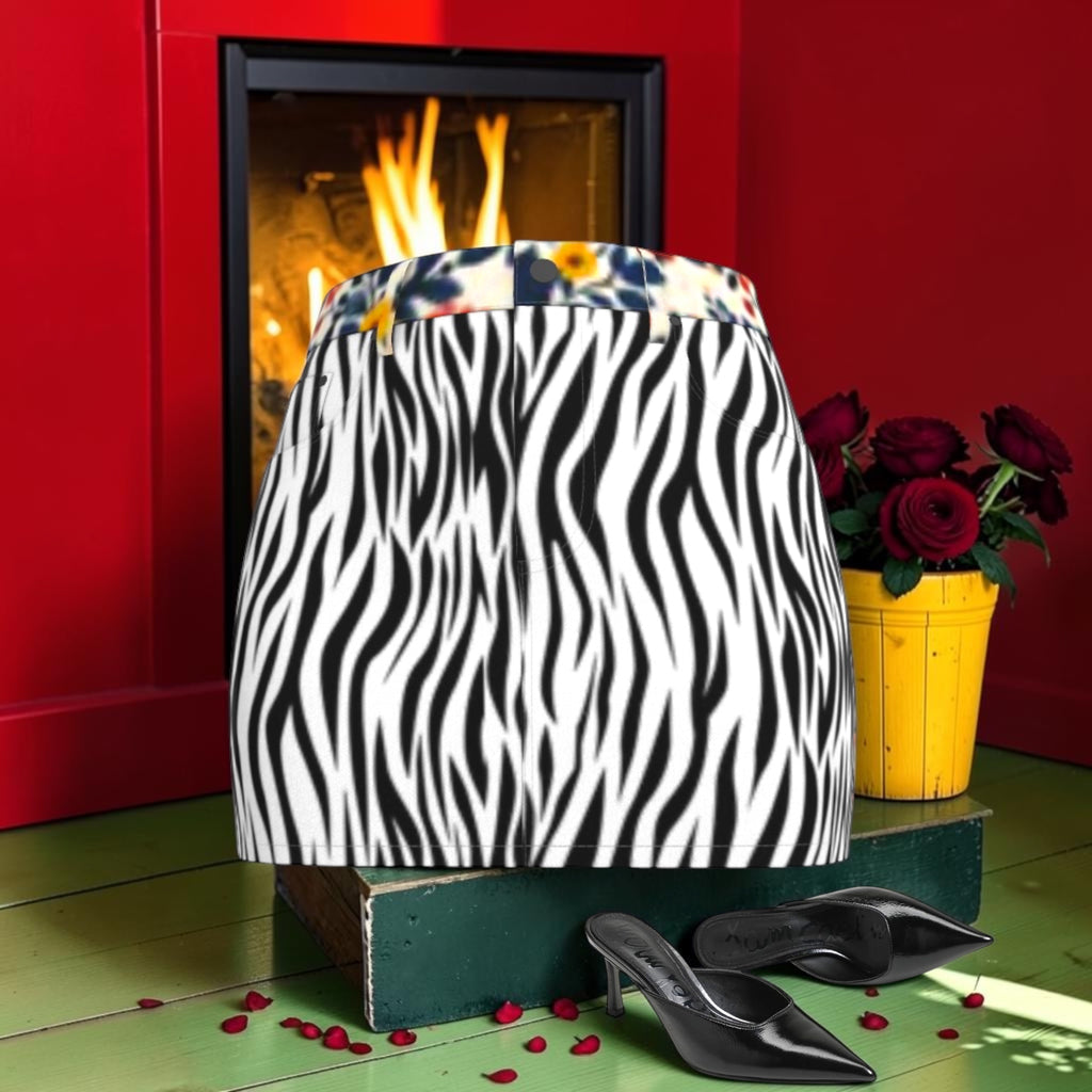 The Petal & Stripe Denim Mini Skirt zebra-print front with floral waistband; shoes not included