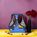 Golden Expression Art Elevated Unbothered Bra back view — royal blue racerback with Doll Wall art panel and black white checkered straps