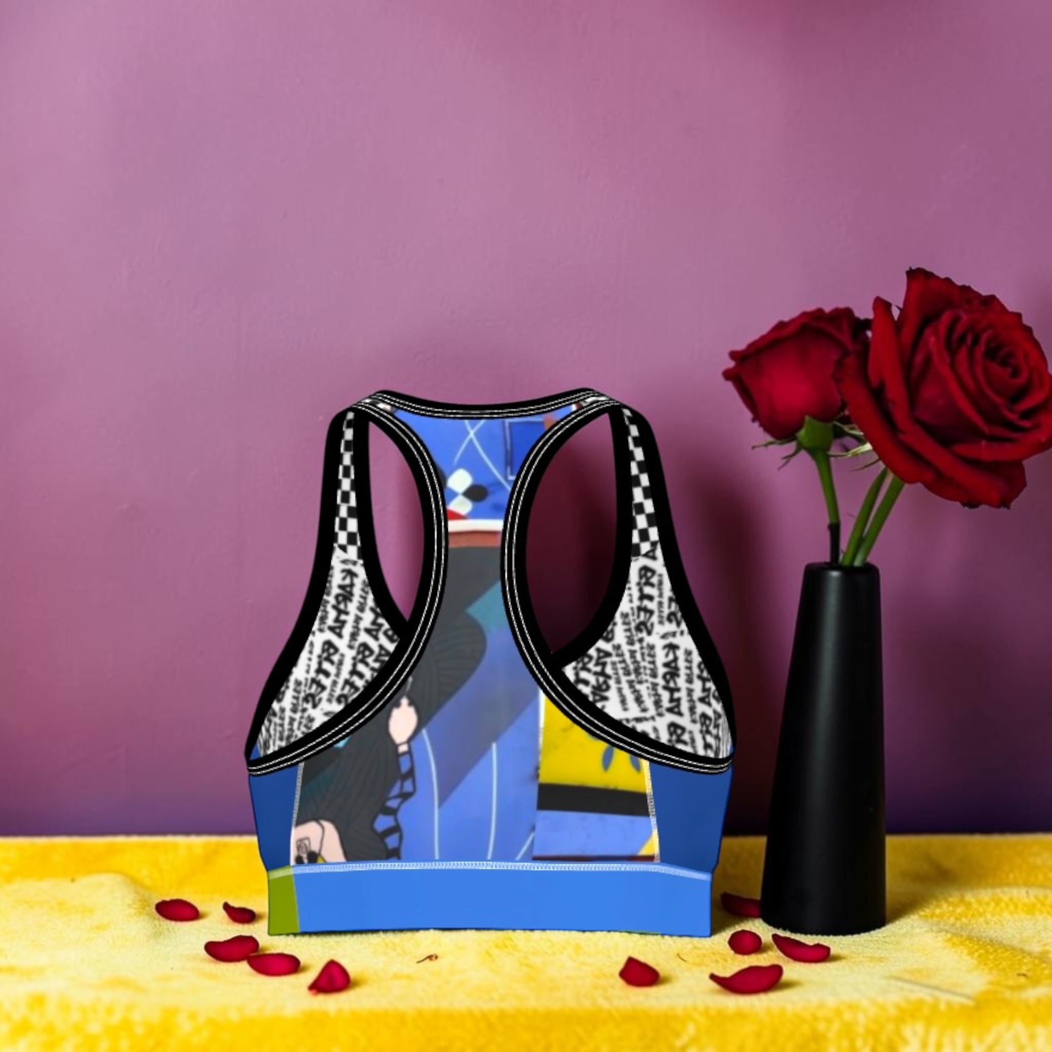 Golden Expression Art Elevated Unbothered Bra back view — royal blue racerback with Doll Wall art panel and black white checkered straps