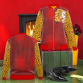 Gilded Alter Ego silk jacket portrait-art front and red-toned back with leopard-print sleeves