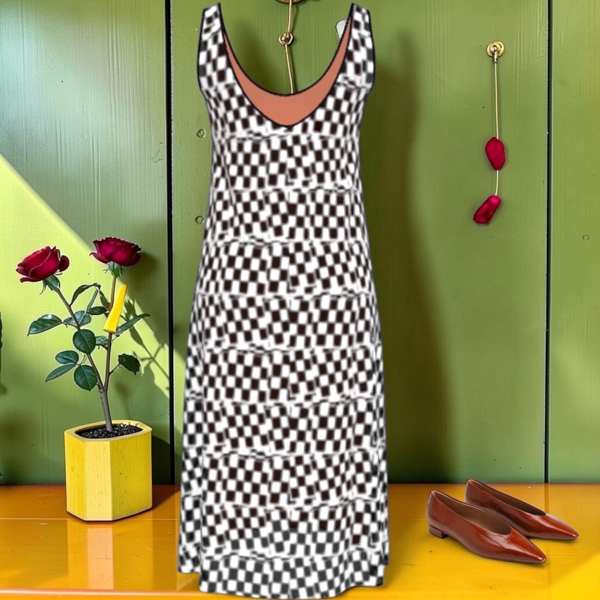 Vol I — The Color Story Midi Dress — full Checkmate DNA colorway, all-over black and white check print