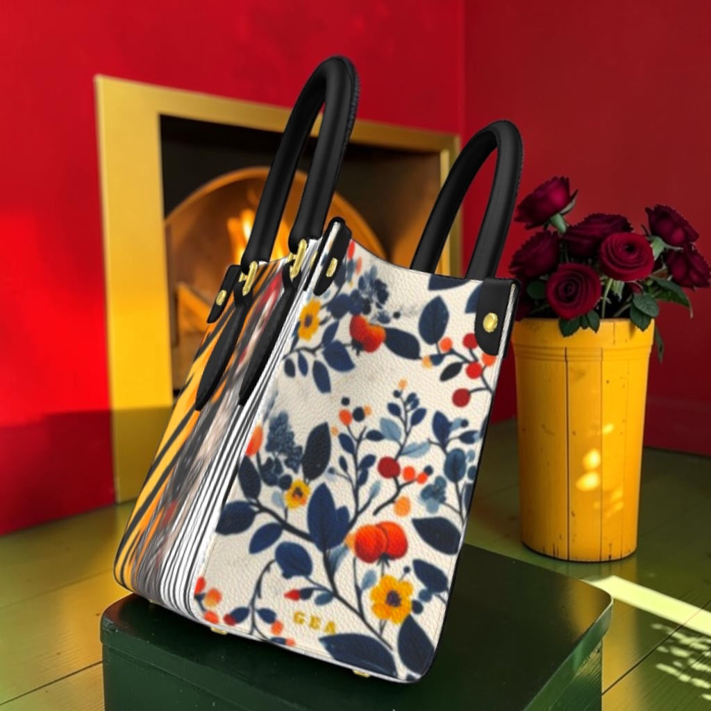 Wild Reverie Mini Satchel floral side panel with black handles and gold-tone hardware