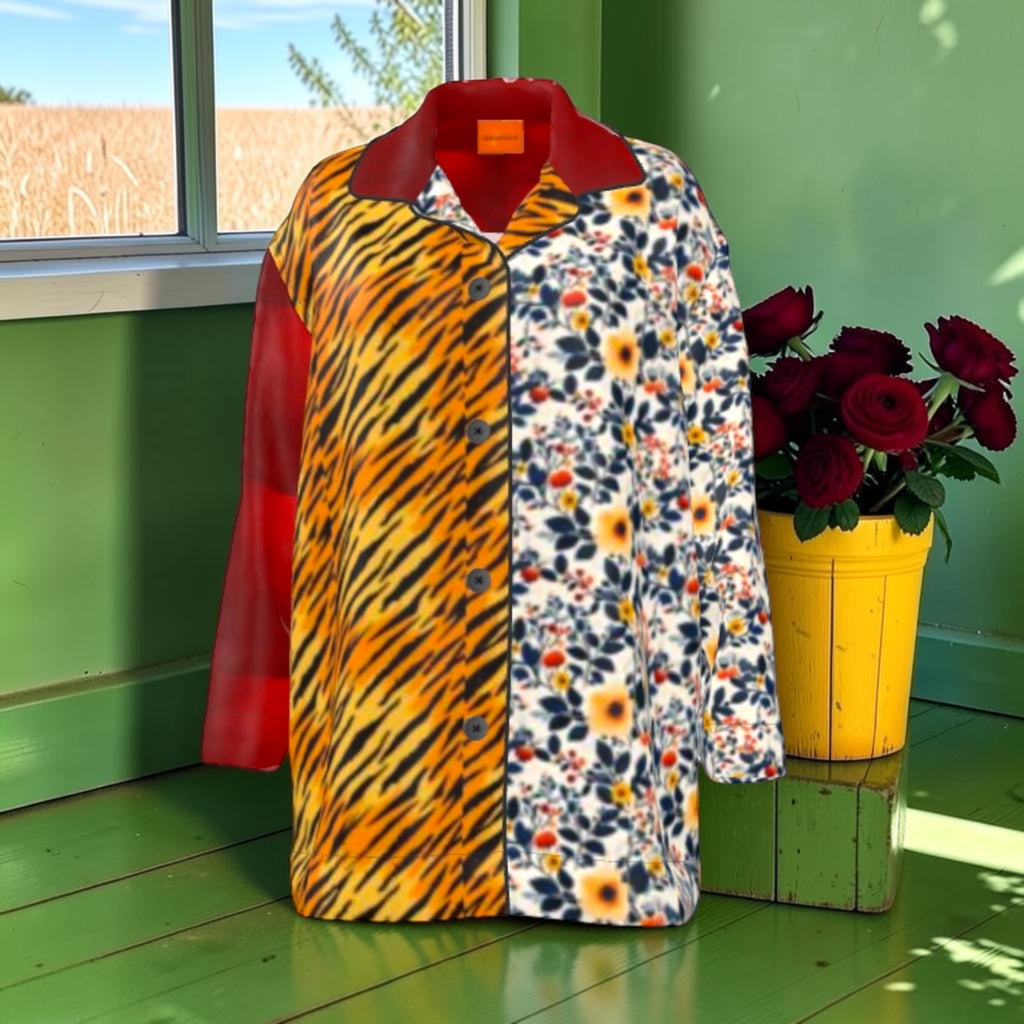 The Golden Bloom Silk Shirt front with split golden tiger stripes and floral print, a deep red collar and contrasting long sleeves