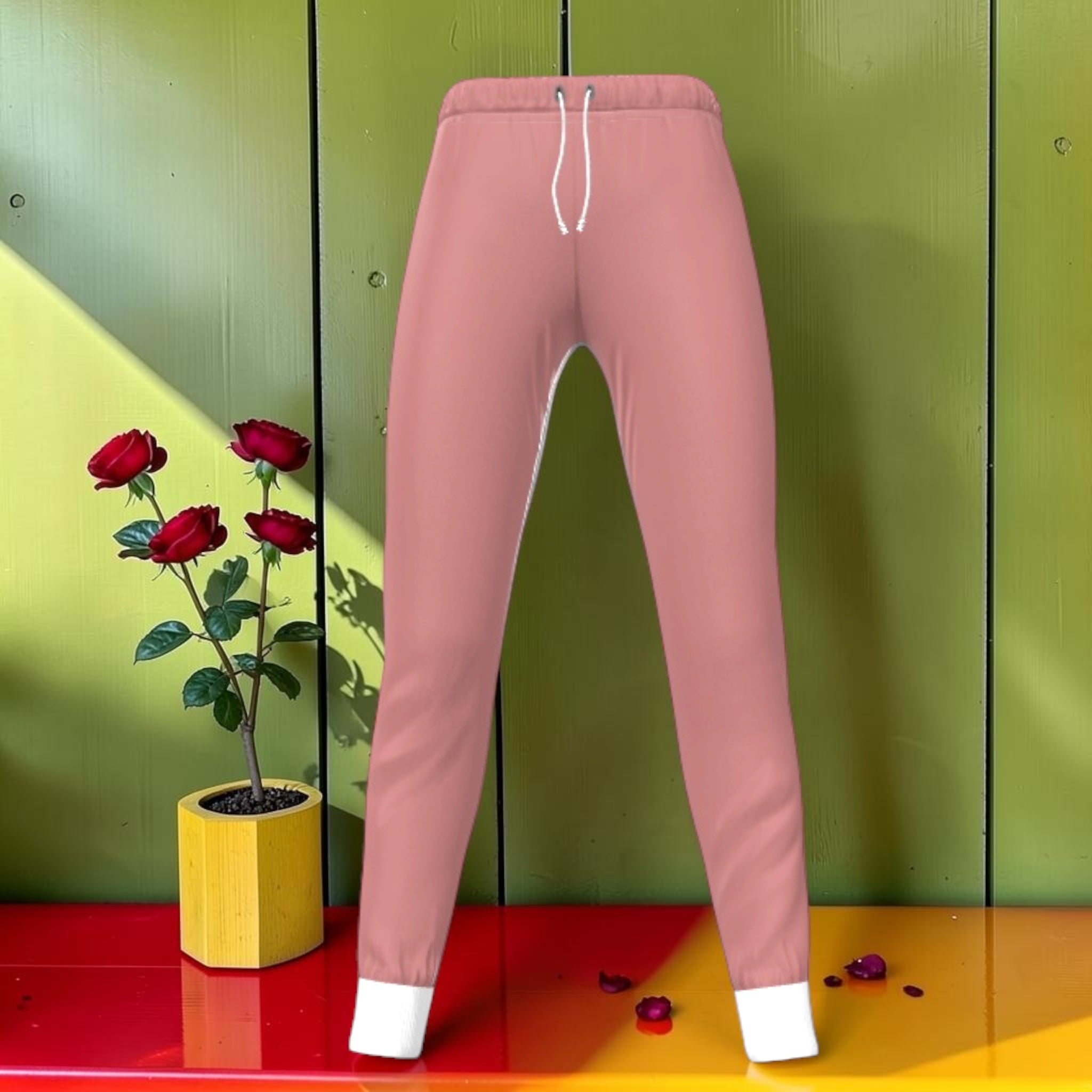 The Nature Statement Jogger — Dusty Rose, front view with white drawstring and cuffed ankles