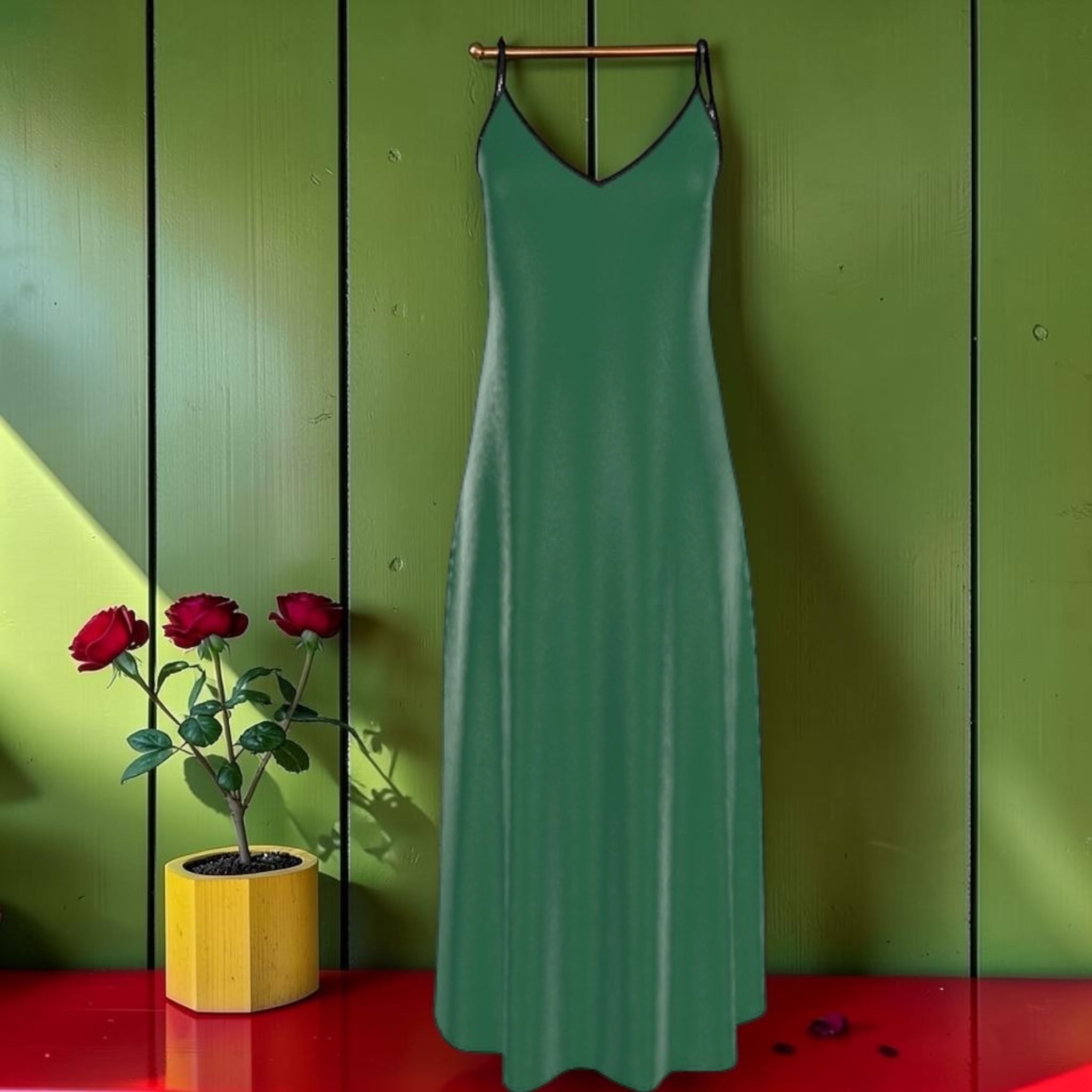 Vol I — The Emerald Rule Slip Dress in sage green silk — V-neckline with black trim, spaghetti straps, maxi A-line silhouette, styled against green wood-panel wall with red roses — Golden Expression Art