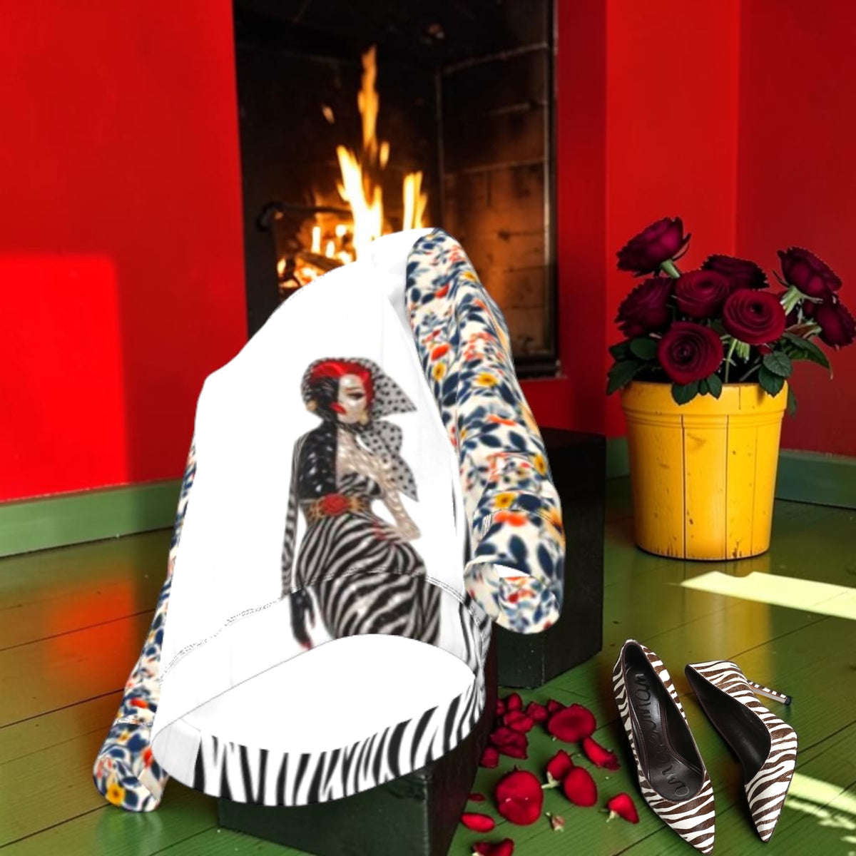 Angled view of The Runway Muse Sweatshirt showing fashion-figure graphic, floral sleeves and zebra back