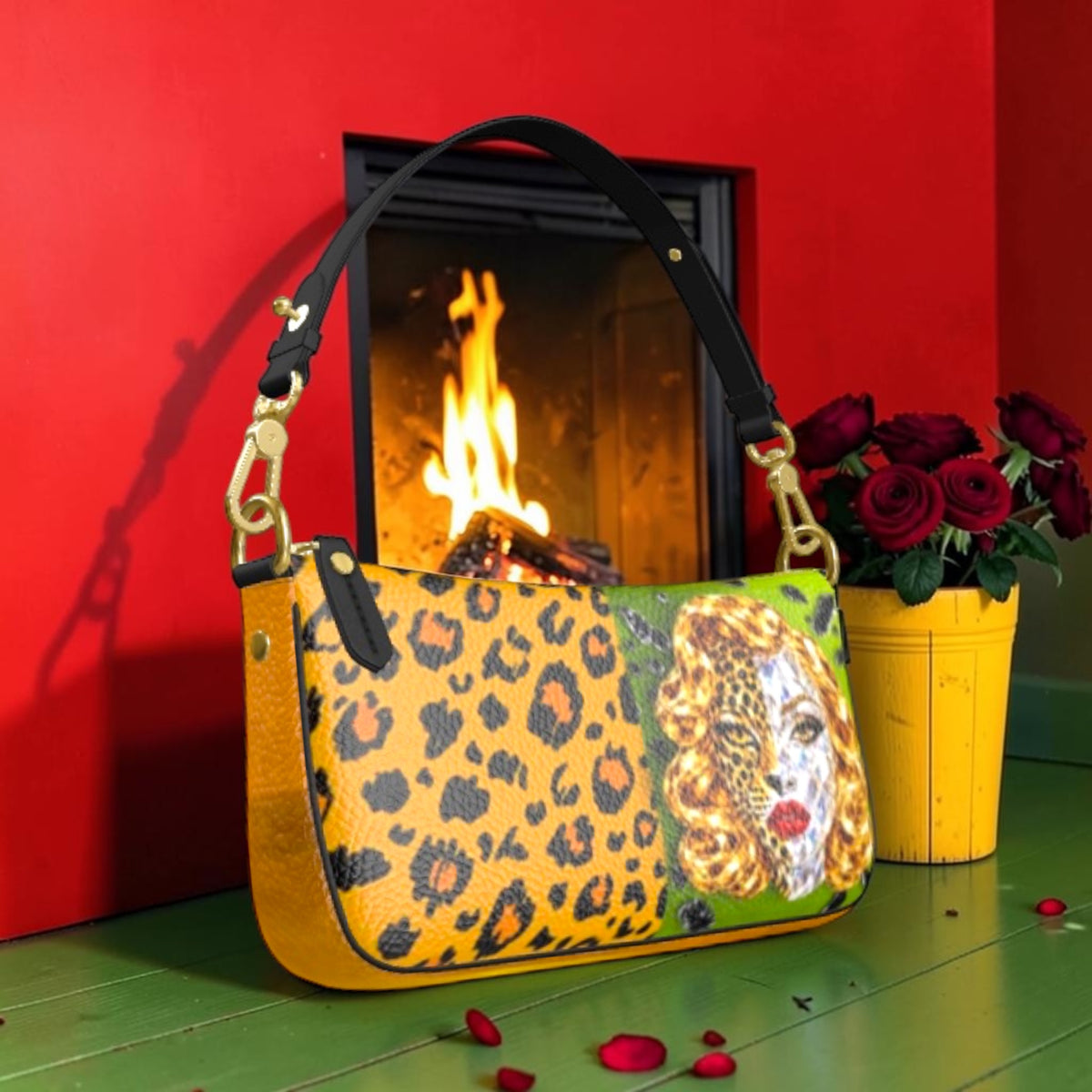 The Leopard Muse Shoulder Bag with golden leopard print, green portrait panel, black shoulder strap and gold-tone hardware.