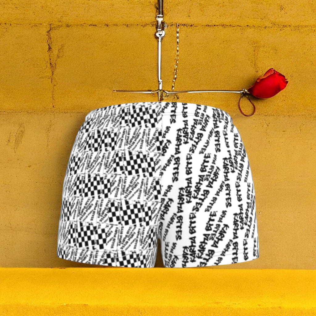 Vol III Karma Bites Short — Checkmate DNA and Karma Bites graffiti script front, soft Jersey, high-waisted relaxed silhouette — Golden Expression Art