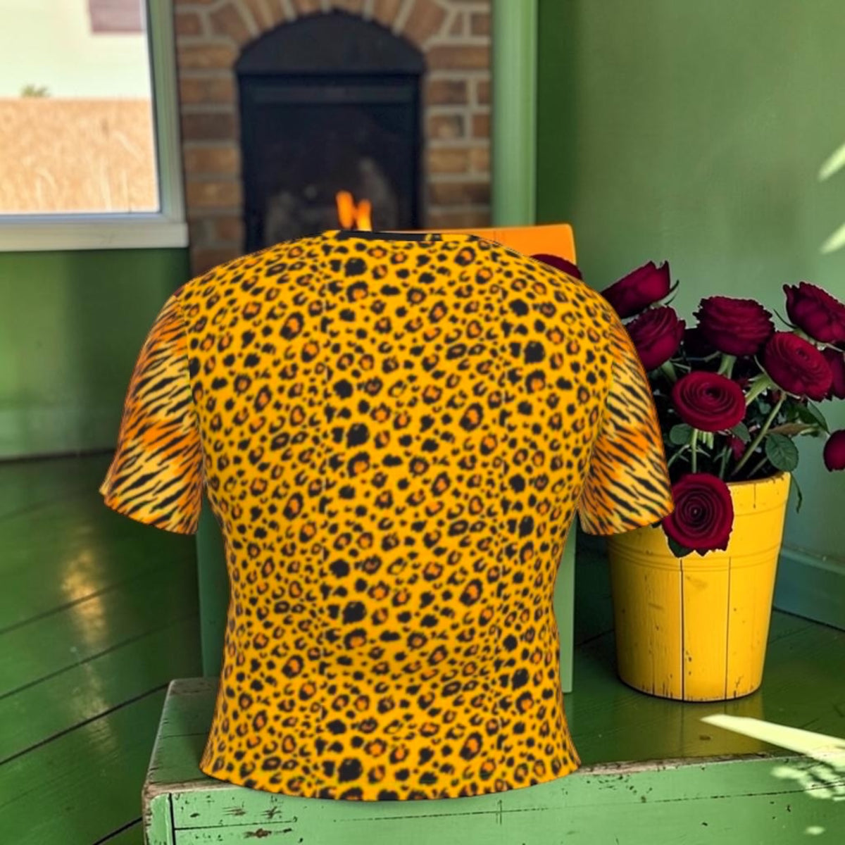Rebel Heat cotton baby tee back with golden leopard print and tiger-print short sleeves