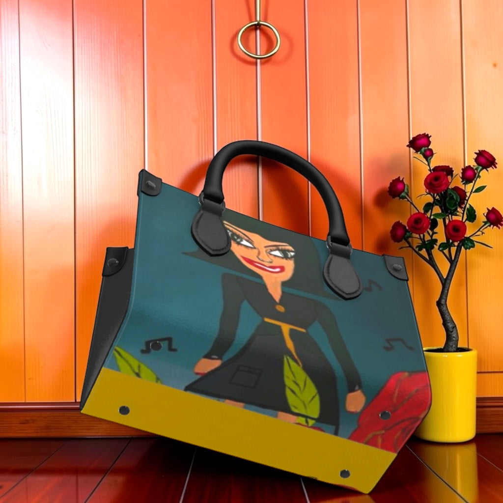 Eden Garden Mini Satchel Tote — full Doll Wall figure on teal and yellow body, black hardware, GEA Vol II editorial