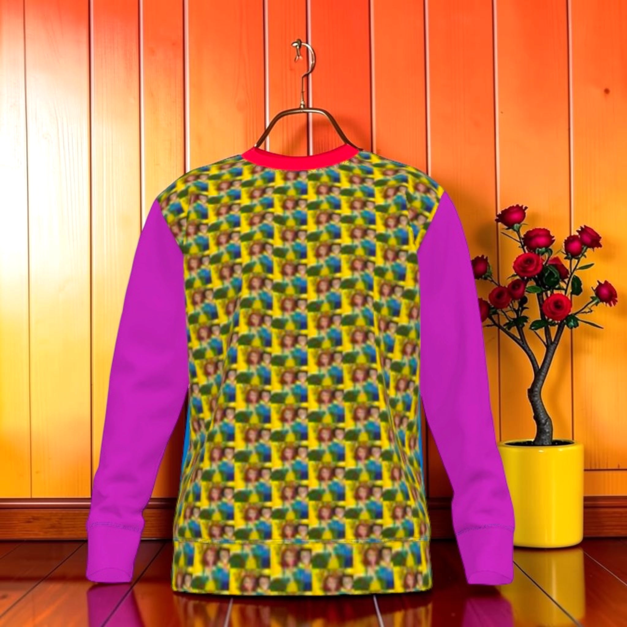 Vol II — The Garden of Paradise Sweatshirt, front view, all-over Eden repeat print, animated woman golden yellow base blue and green tones, solid magenta fuchsia sleeves, red ribbed collar, GEA