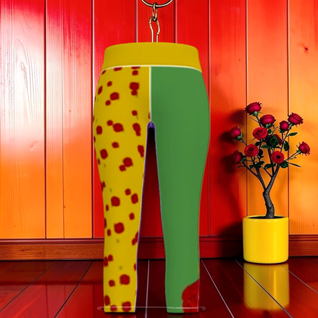 Vol II The Chariot Capri — front view, yellow spot print left leg and solid green right leg with yellow waistband, Eden Edit
