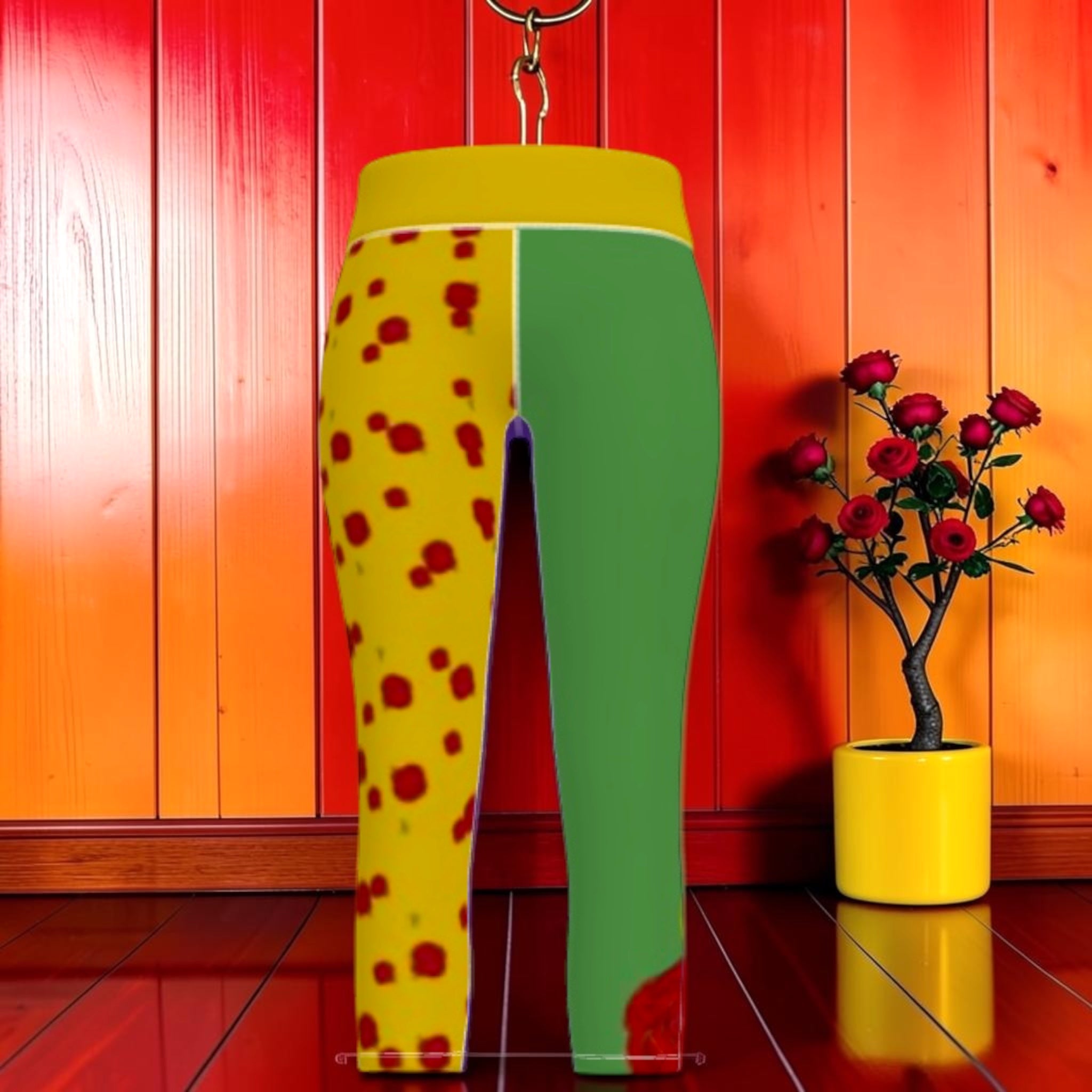 Vol II The Chariot Capri — front view, yellow spot print left leg and solid green right leg with yellow waistband, Eden Edit