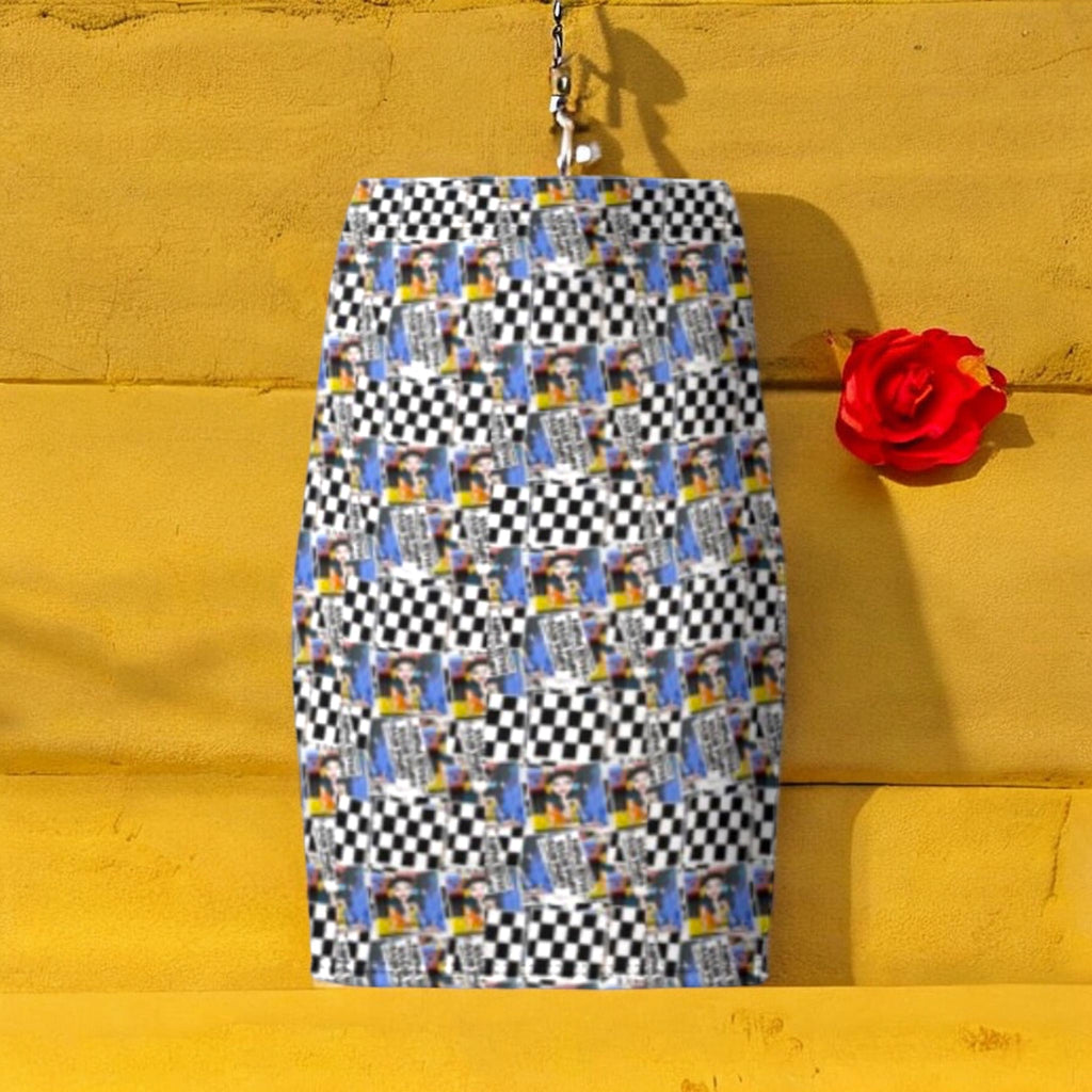 The Effortless Classic Pencil Skirt in Checkmate DNA + Doll Wall collage print, cerulean blue and black & white checker, front view — Vol III The Unbothered Edit by Golden Expression Art