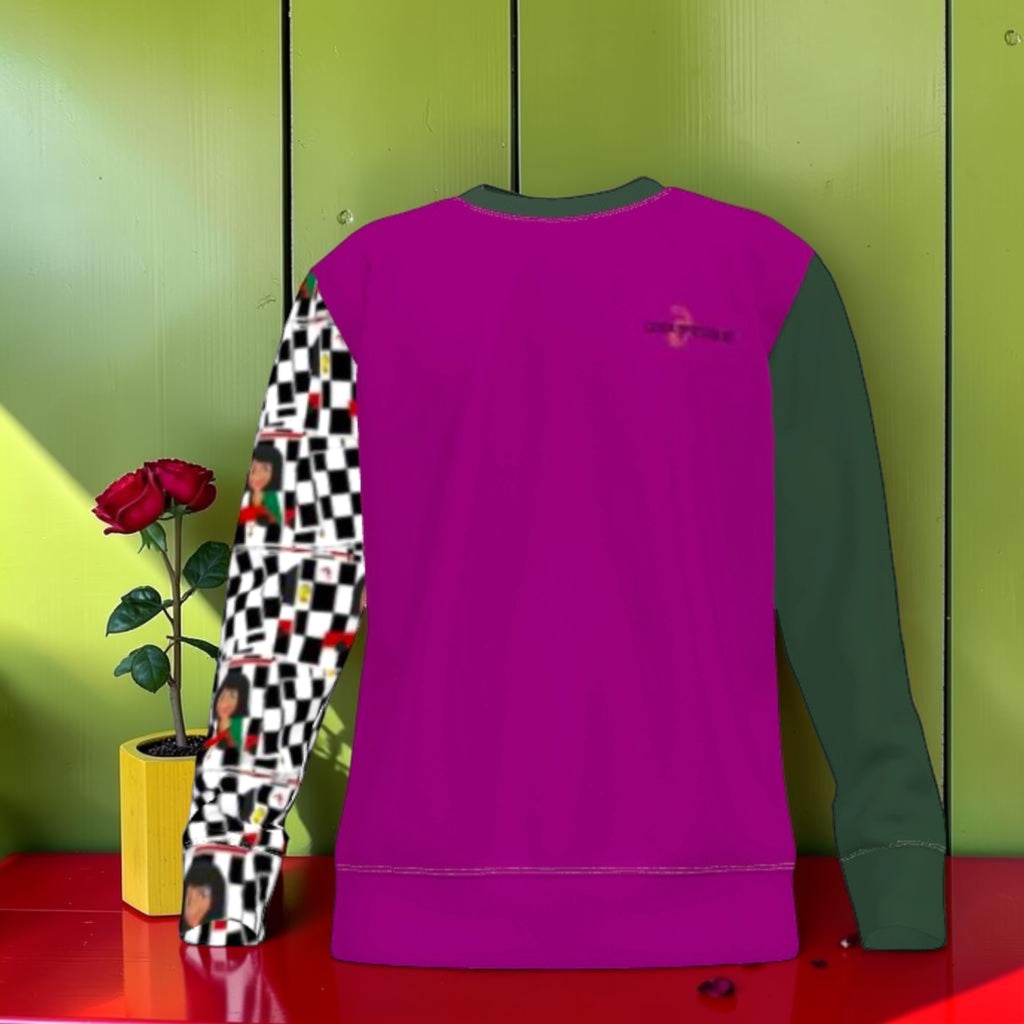 The Magenta Rule Sweatshirt — front angle, magenta body with slate grey collar and Checkmate DNA print sleeve