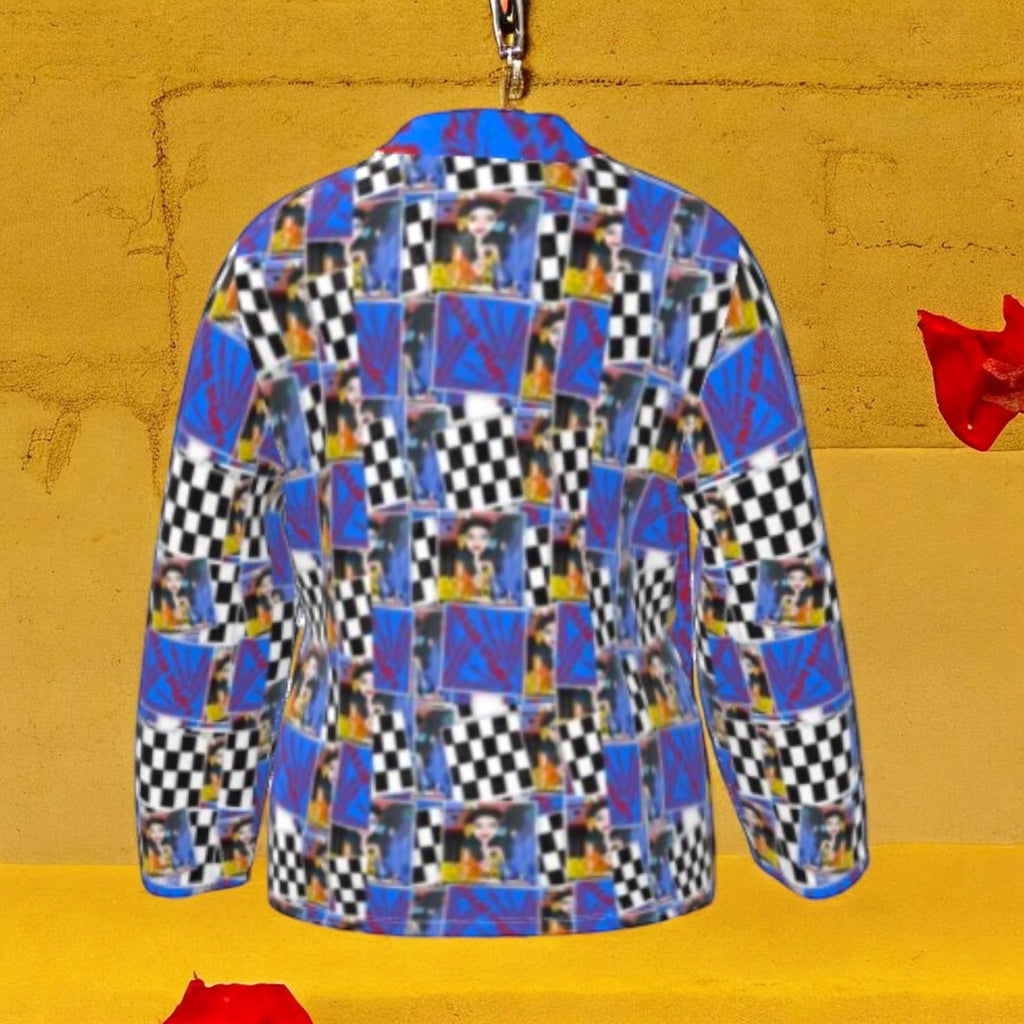 Vol III Karma Bites Velvet Wrap Blazer — back view, full all-over Checkmate DNA Doll Wall collage print, black white checker with Doll Wall figures, relaxed blazer fit — Golden Expression Art