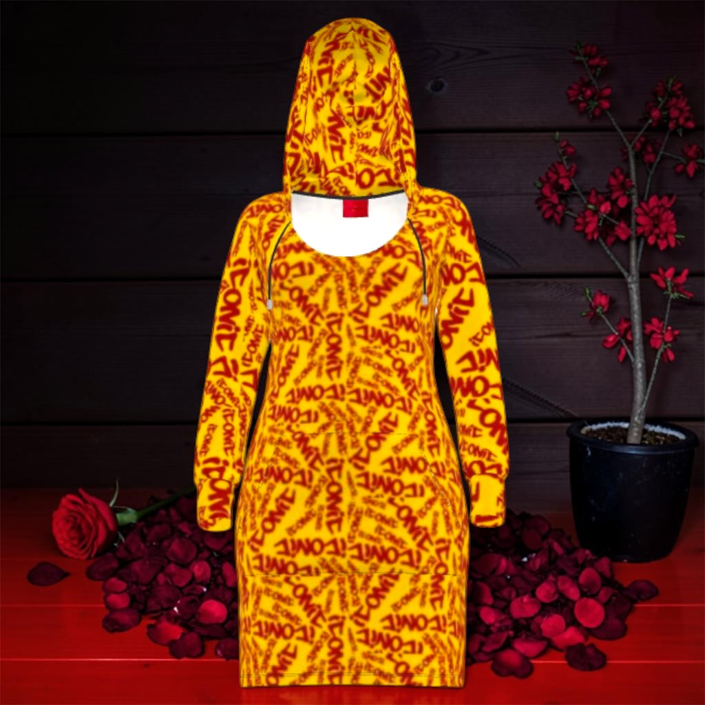 Vol IV — The ICONIC Hoodie Dress — Front view, all-over scarlet red ICONIC print on golden yellow, fitted midi silhouette with oversized hood