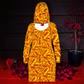 Vol IV — The ICONIC Hoodie Dress — Front view, all-over scarlet red ICONIC print on golden yellow, fitted midi silhouette with oversized hood