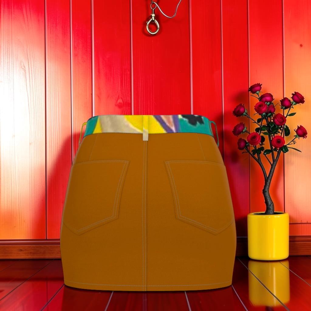 Vol II Queen of Eden Mini Skirt back — solid caramel denim with back pockets and multicolor waistband