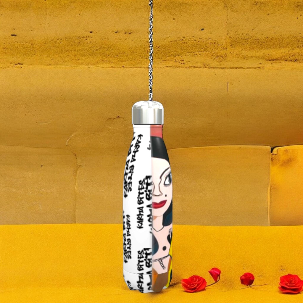 Side view of The Karma Bites Collector’s Water Bottle showing Karma Bites and Doll Wall artwork