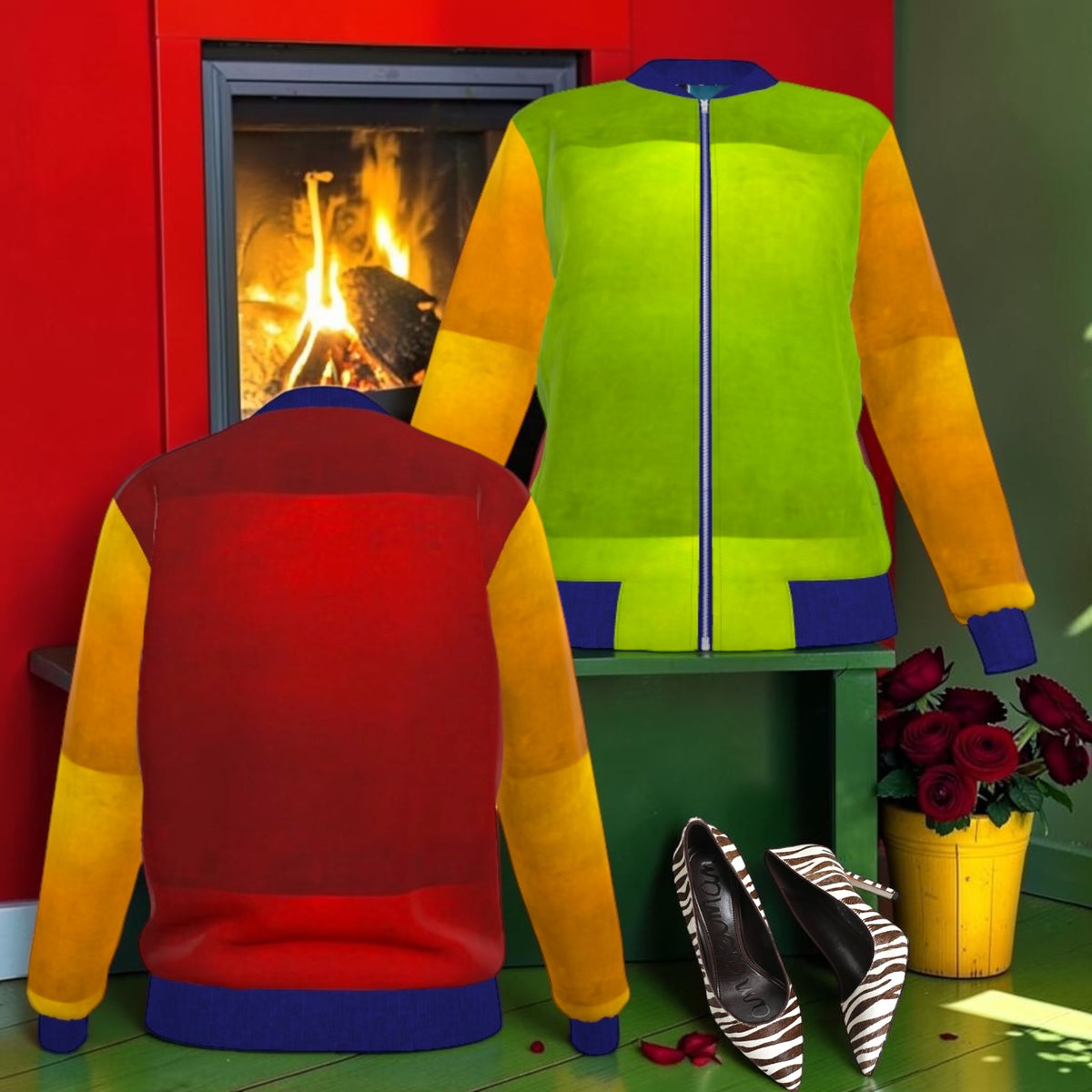 Double Voltage Reversible Silk Bomber color-block reverse with lime-green front, red back, golden-yellow sleeves and blue trim.