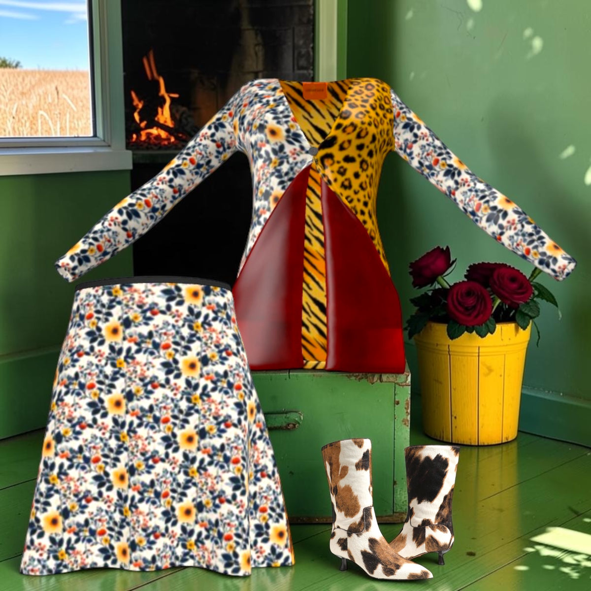 The Crimson Instinct Cardigan styled with a floral skirt and cow-print boots, sold separately