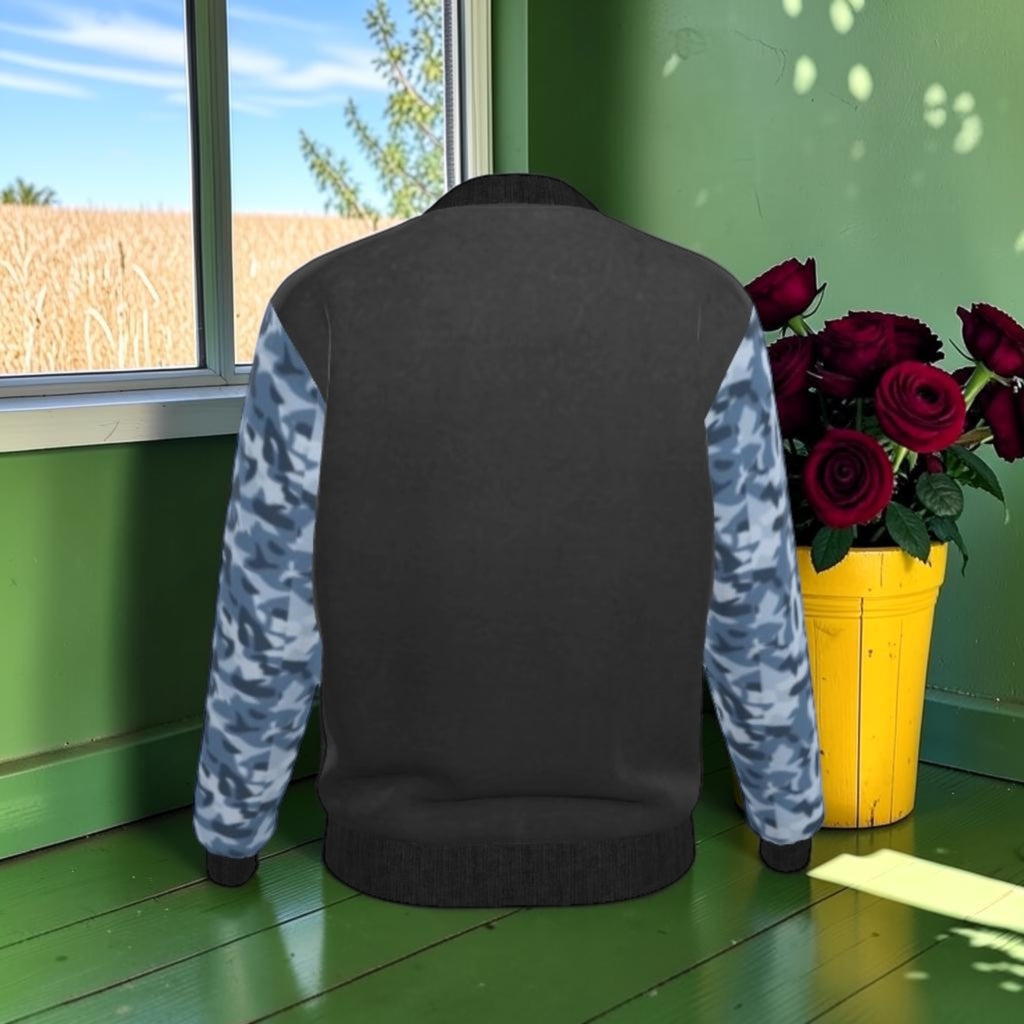 Double Instinct Reversible Silk Bomber reversed back, charcoal body with blue camo sleeves