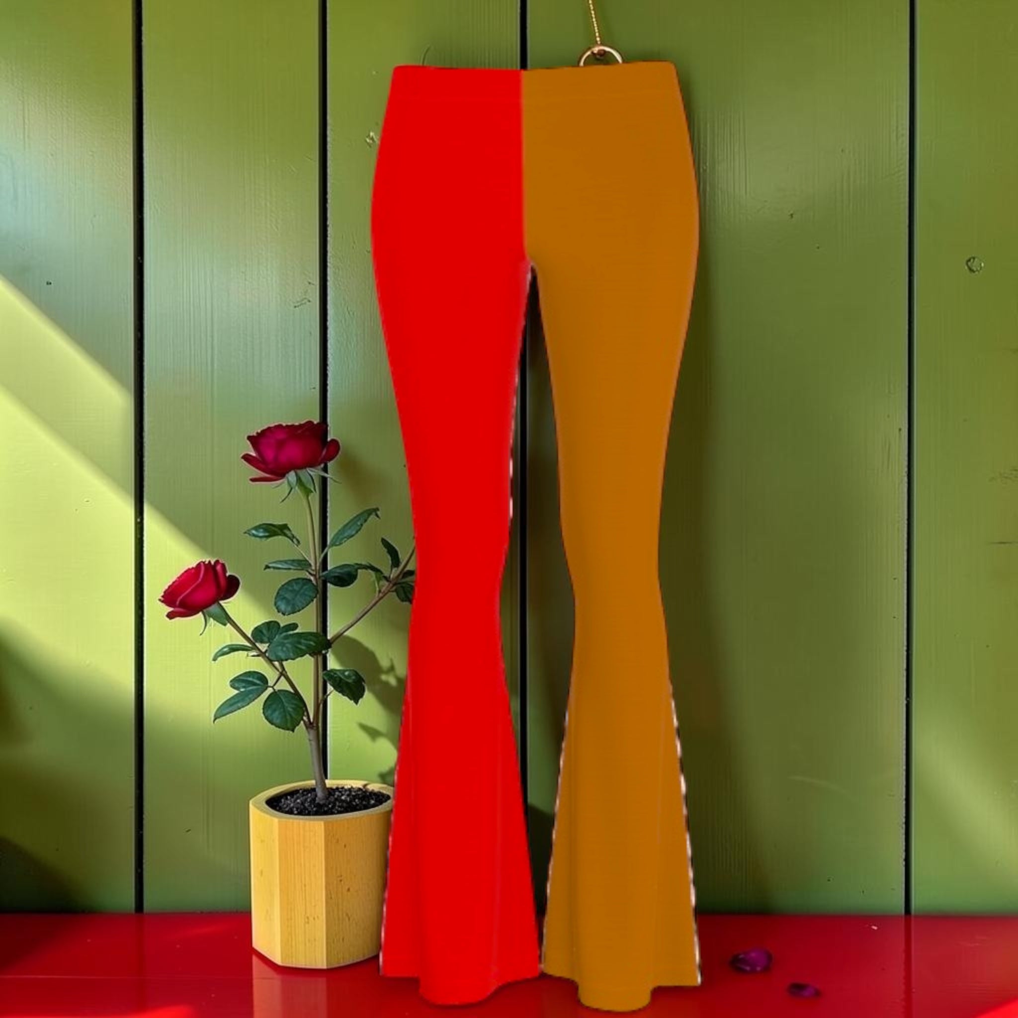 The Golden Rule Flare (High Waisted) — Scarlet red and golden yellow color-block split panel, high waisted flare silhouette, Vol I Golden Expression Art