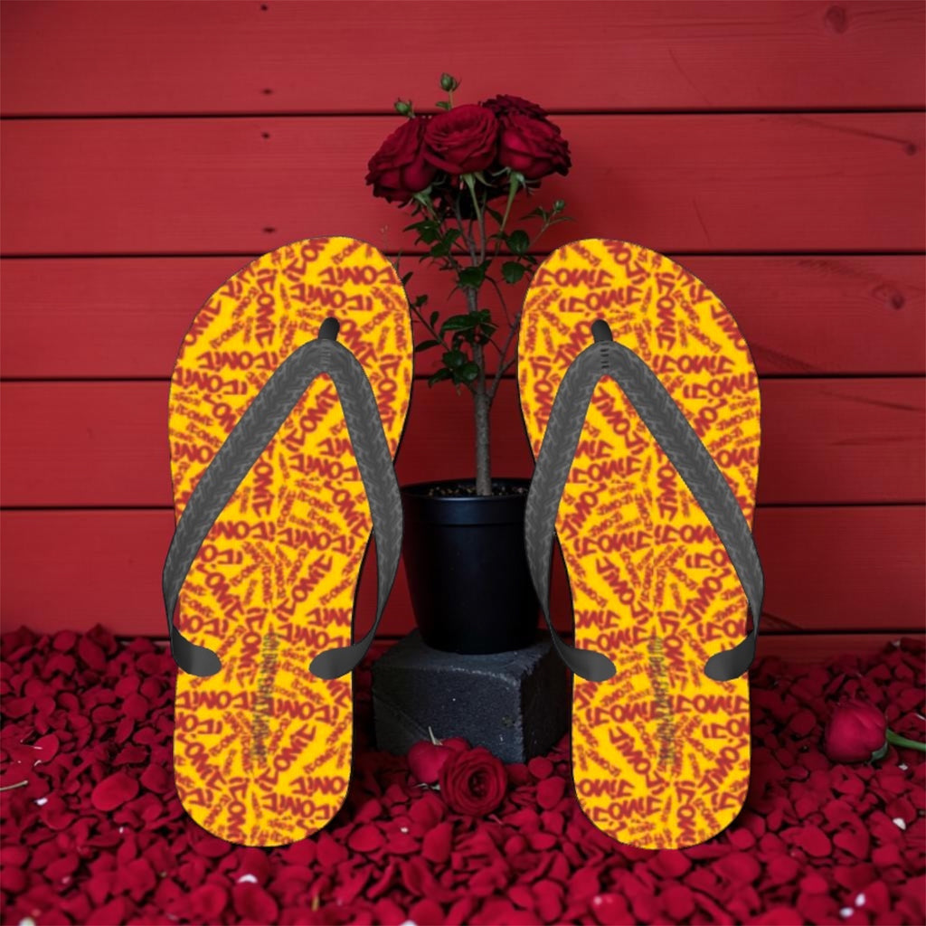 The ICONIC Sole flip flops standing with red roses
