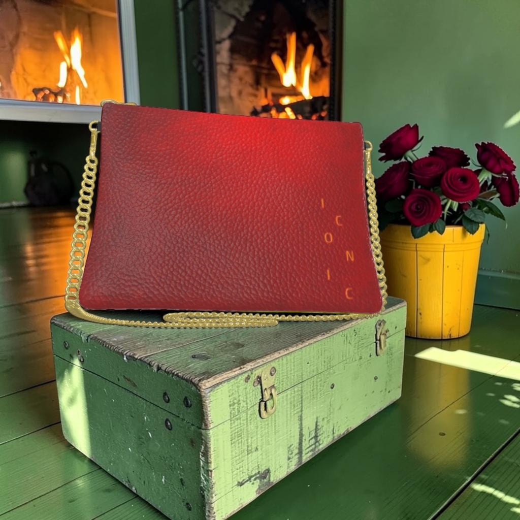 Red side of The Iconic Voltage Chain Bag in textured bubble leather with vertical golden ICONIC lettering and gold-tone chain strap.