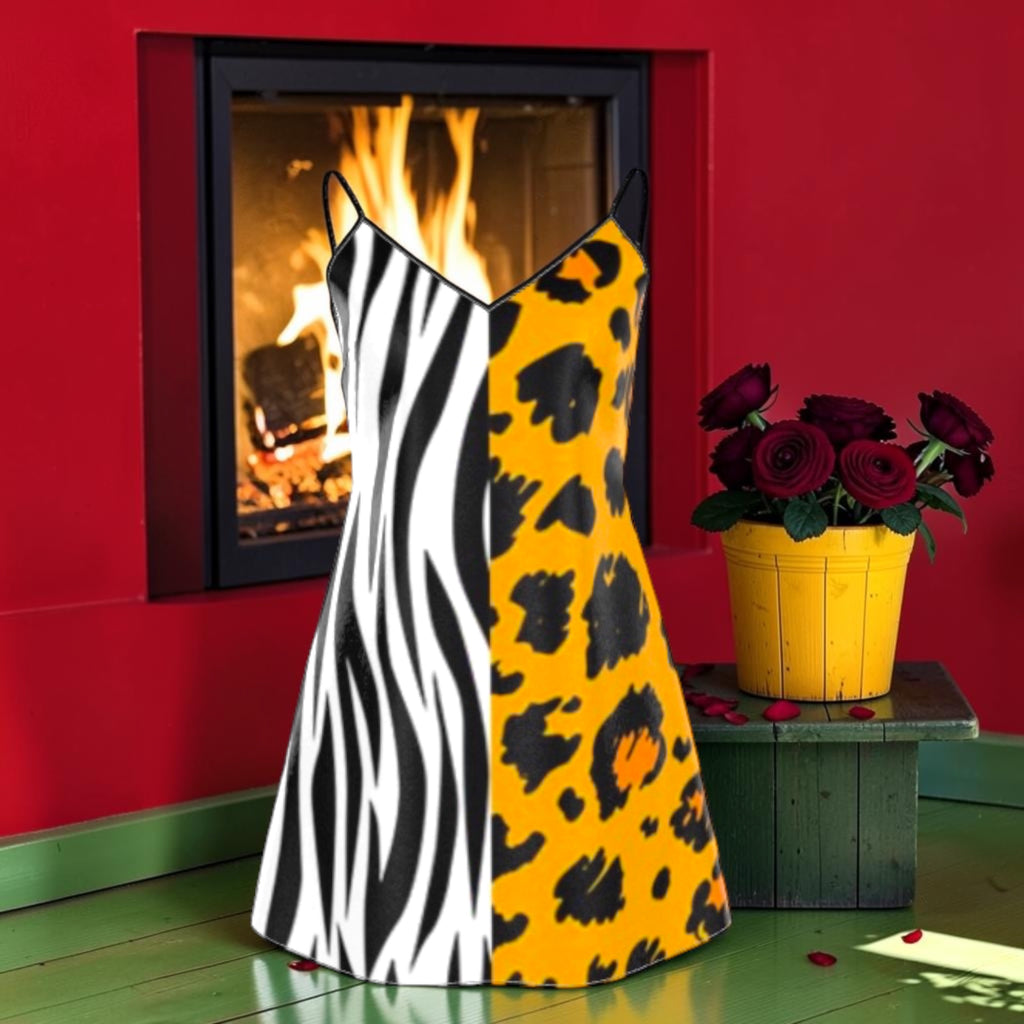 Untamed Garden silk dress front with split black-and-white zebra and golden-yellow leopard print