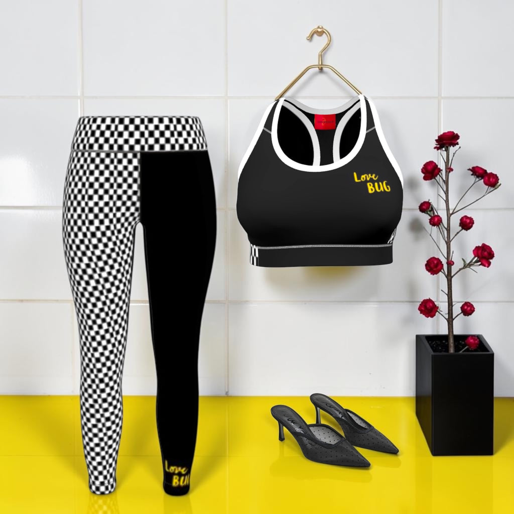 Vol III The Night Racer Sports Bra — full set shot with checkered leggings and black heels on yellow floor