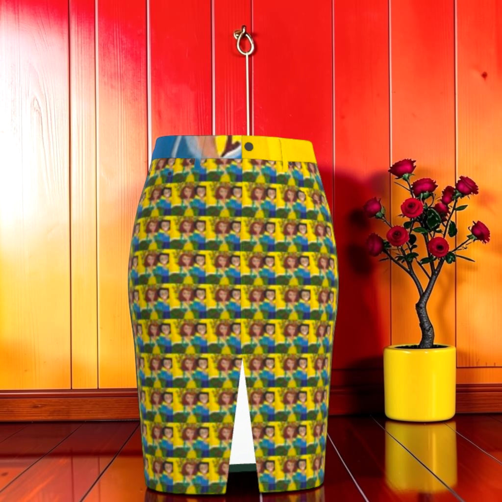 Vol II — The Eden Signature Denim Skirt — front view featuring all-over Doll Wall print in golden yellow and sky blue, high-waisted pencil midi silhouette with front center slit, Golden Expression Art