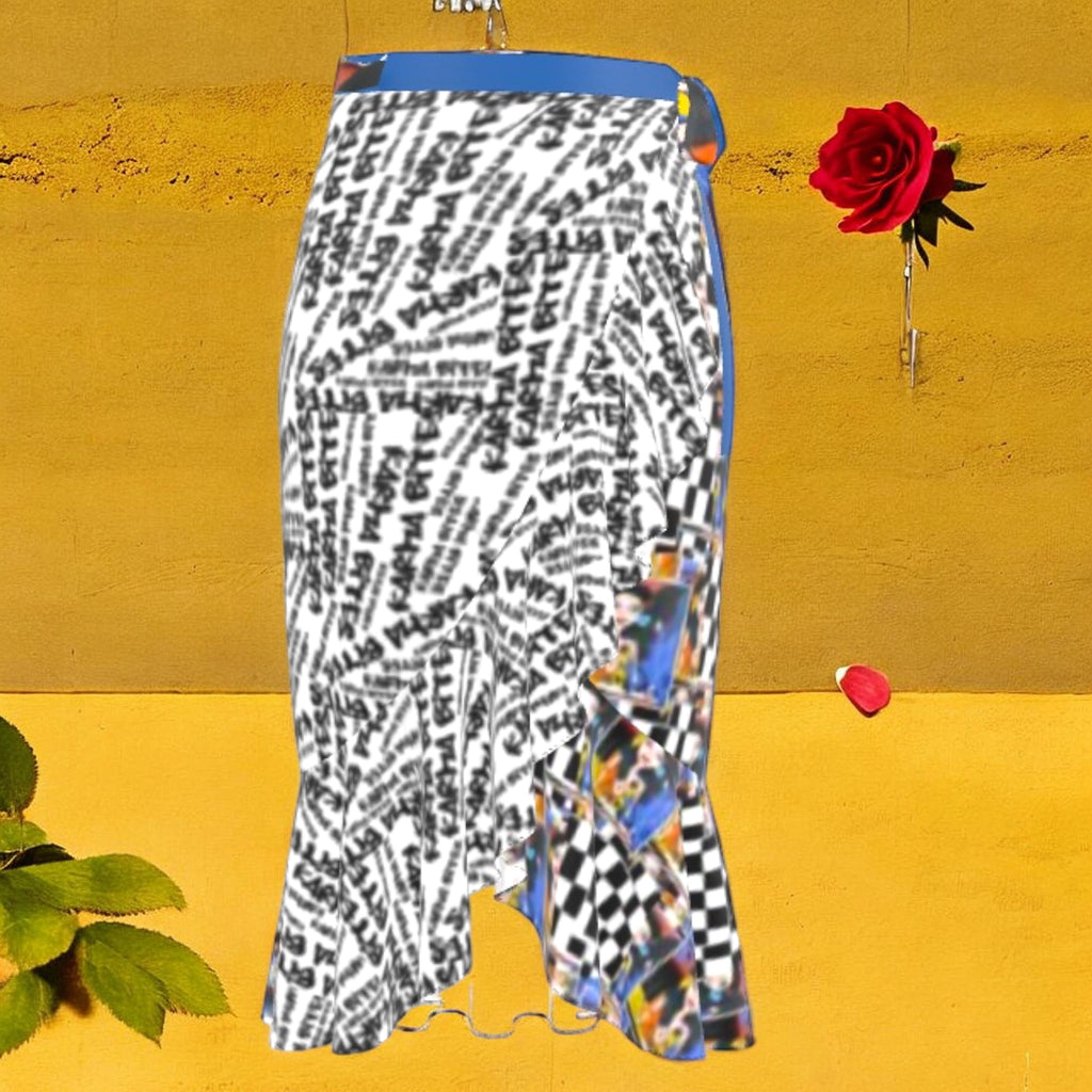 Vol III Unbothered Flow Skirt — Unbothered script print front, royal blue waistband, asymmetric ruffle hem — Golden Expression Art