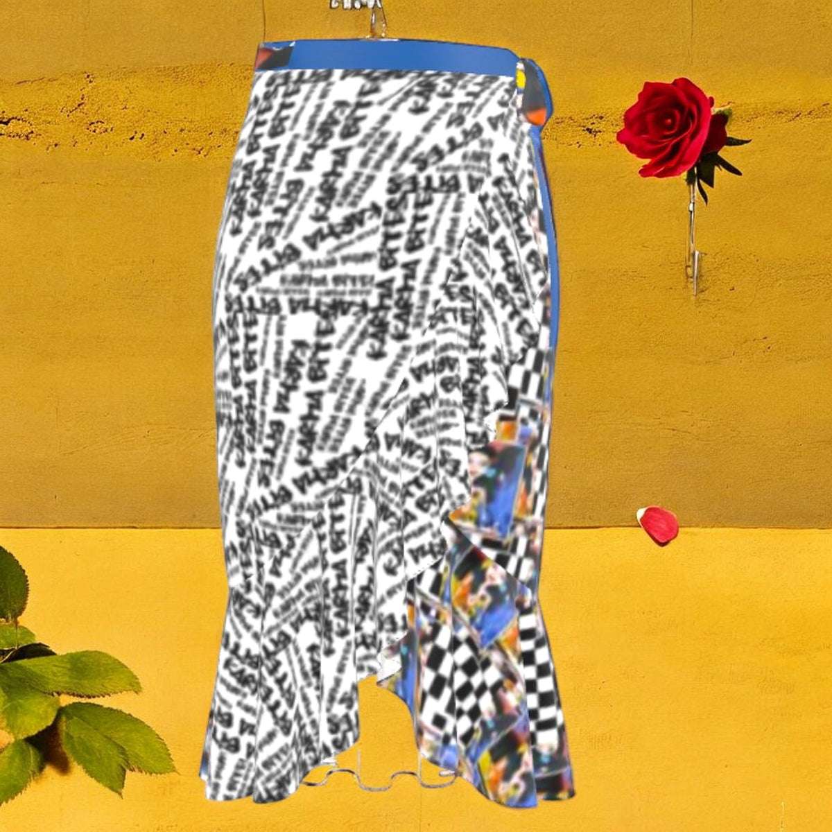 Vol III Unbothered Flow Skirt — Unbothered script print front, royal blue waistband, asymmetric ruffle hem — Golden Expression Art