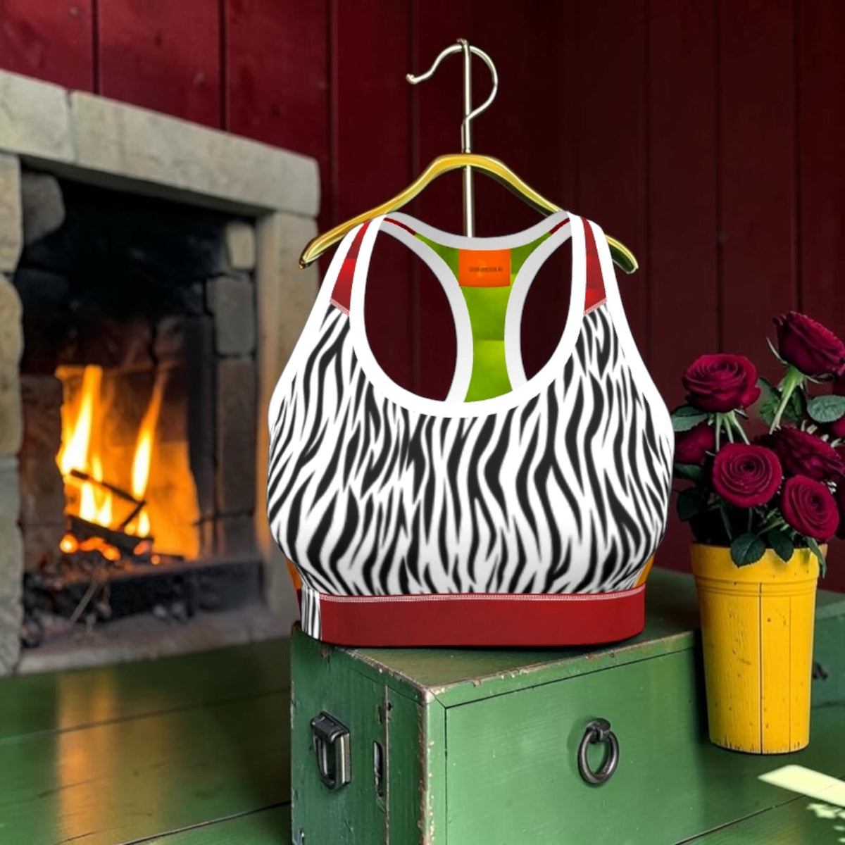 Front of zebra-print racerback bra with red band, white trim and green racerback visible
