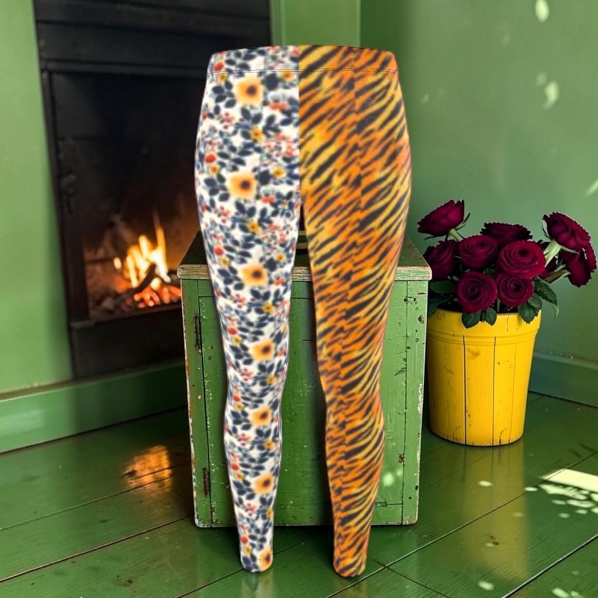 Riot Bloom Split Velour Legging front with one ditsy floral leg and one tiger-stripe leg by a fireplace