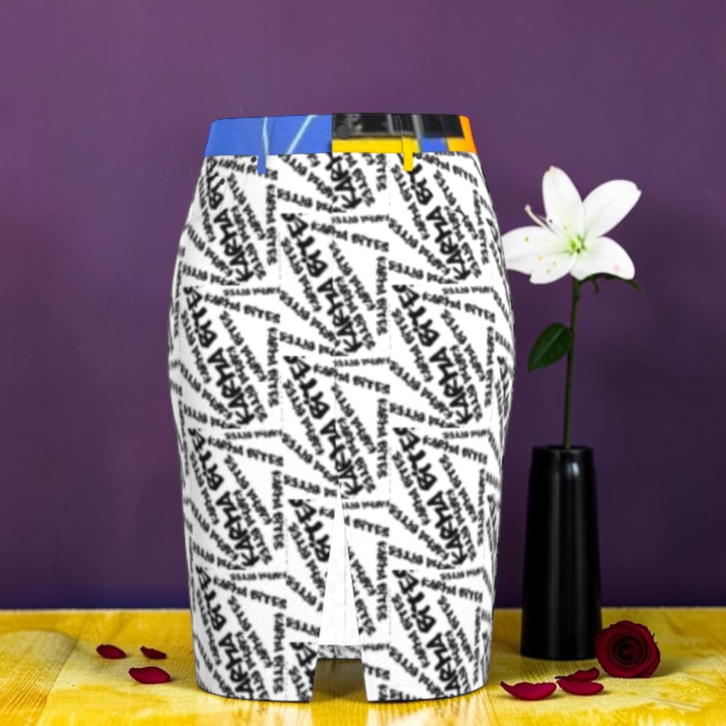 GEA Vol III Unbothered Script Pencil Skirt black white all-over print color-block waistband denim