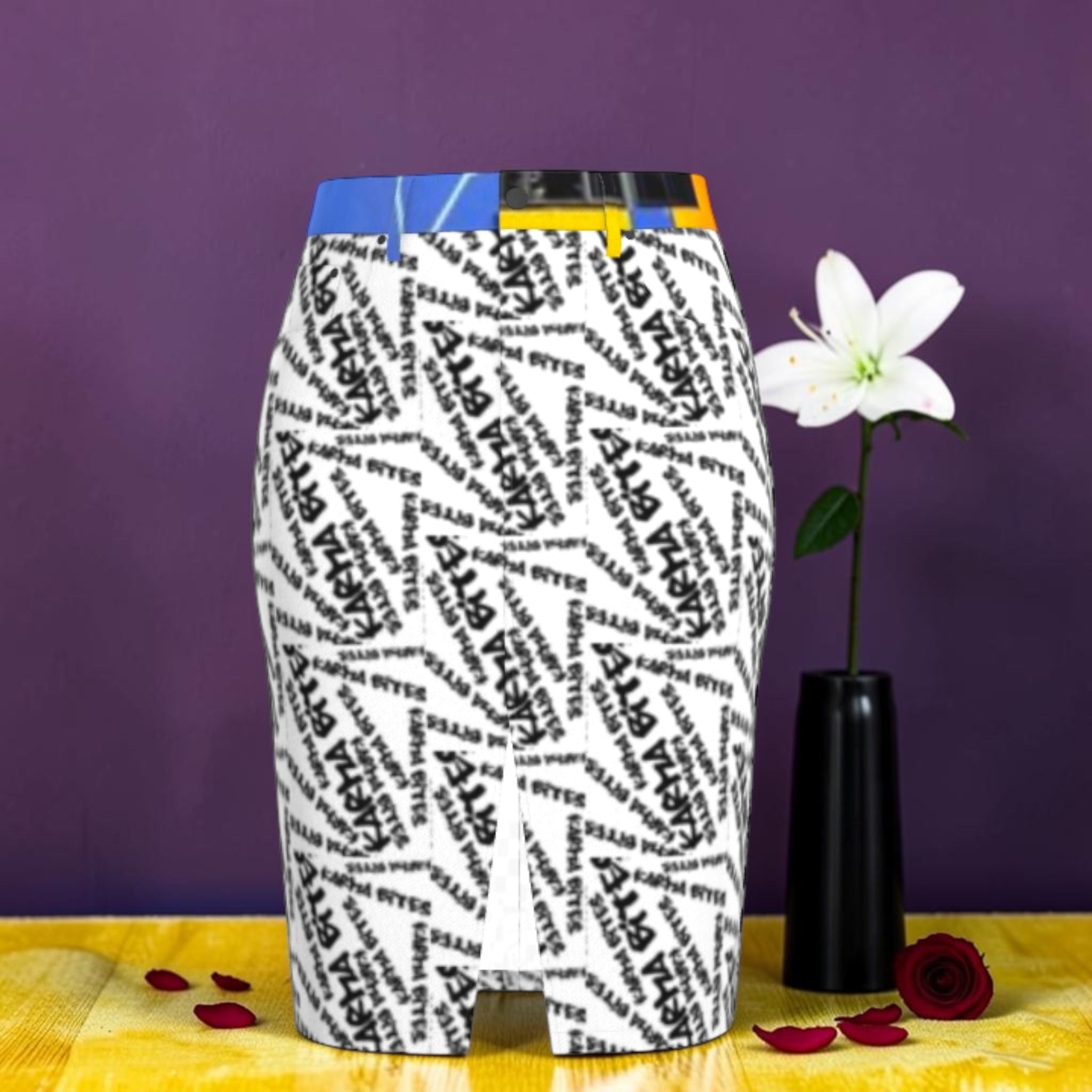 GEA Vol III Unbothered Script Pencil Skirt black white all-over print color-block waistband denim