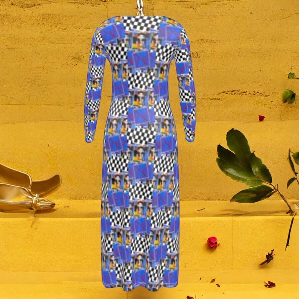 The Elevated Unbothered Maxi Dress — back view, full Checkmate DNA + Doll Wall collage print in cerulean blue and black & white with long sleeves — Vol III The Unbothered Edit by Golden Expression Art