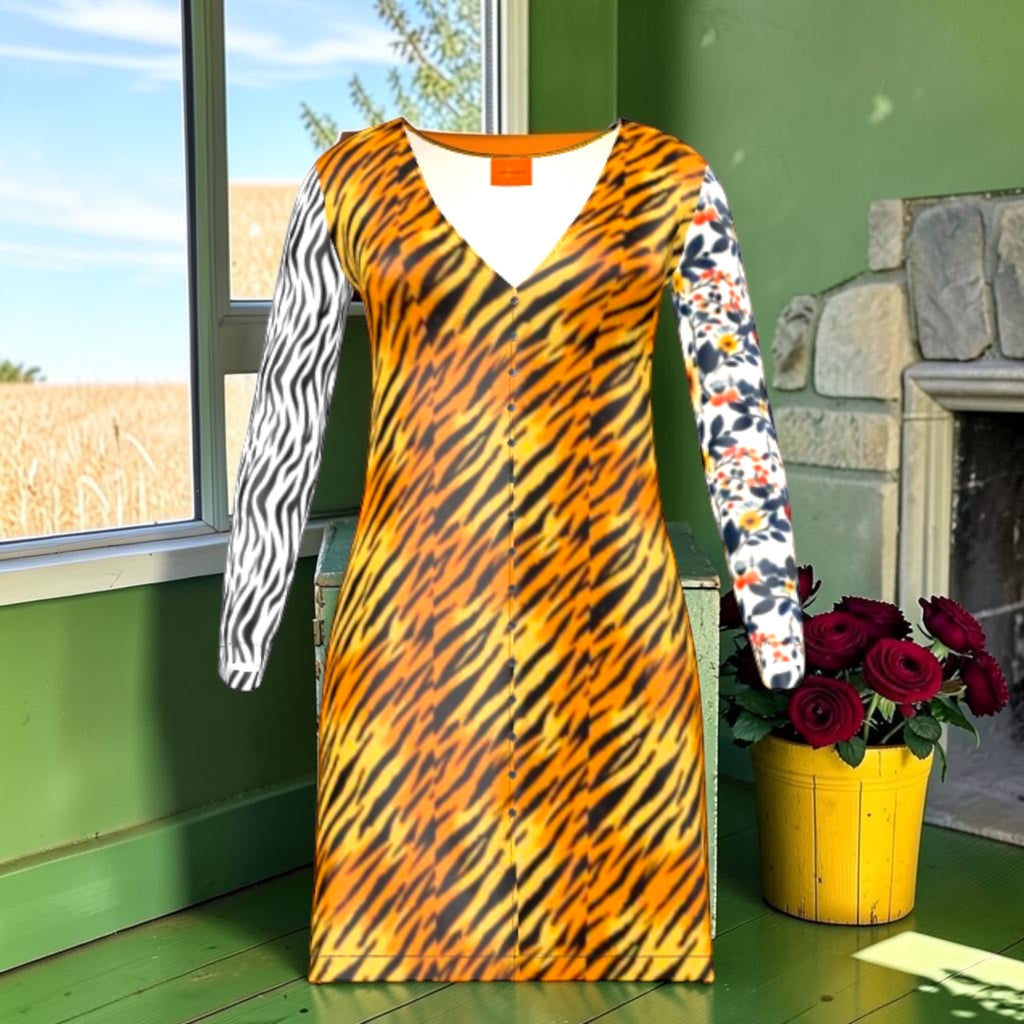 Front of cardigan dress with golden tiger-stripe body, zebra sleeve and floral sleeve