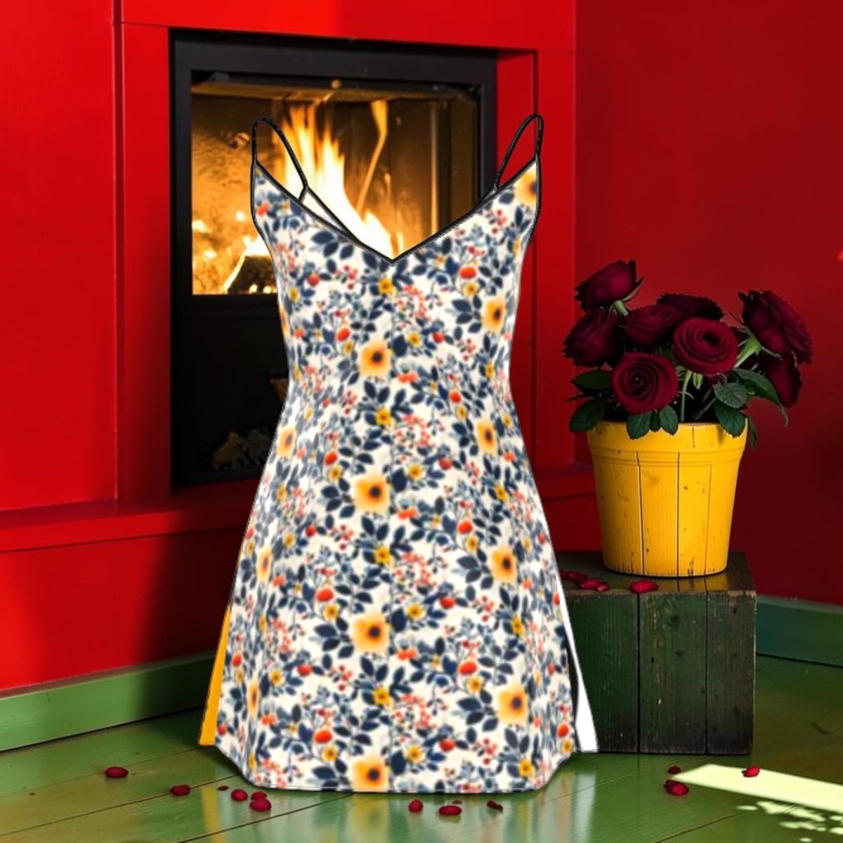 Untamed Garden silk dress floral-print back with slim straps and dark neckline edging