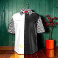 Vol III The Night Solace Button Down Shirt — front view, black and white color-block with Checkmate DNA sleeves