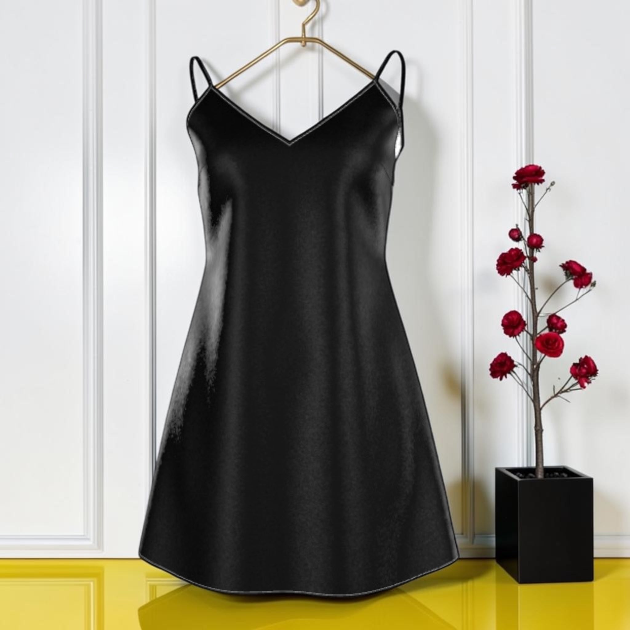 The Obsidian Slip Dress — Solid black silk colorway, V-neckline midi silhouette | Golden Expression Art Vol III