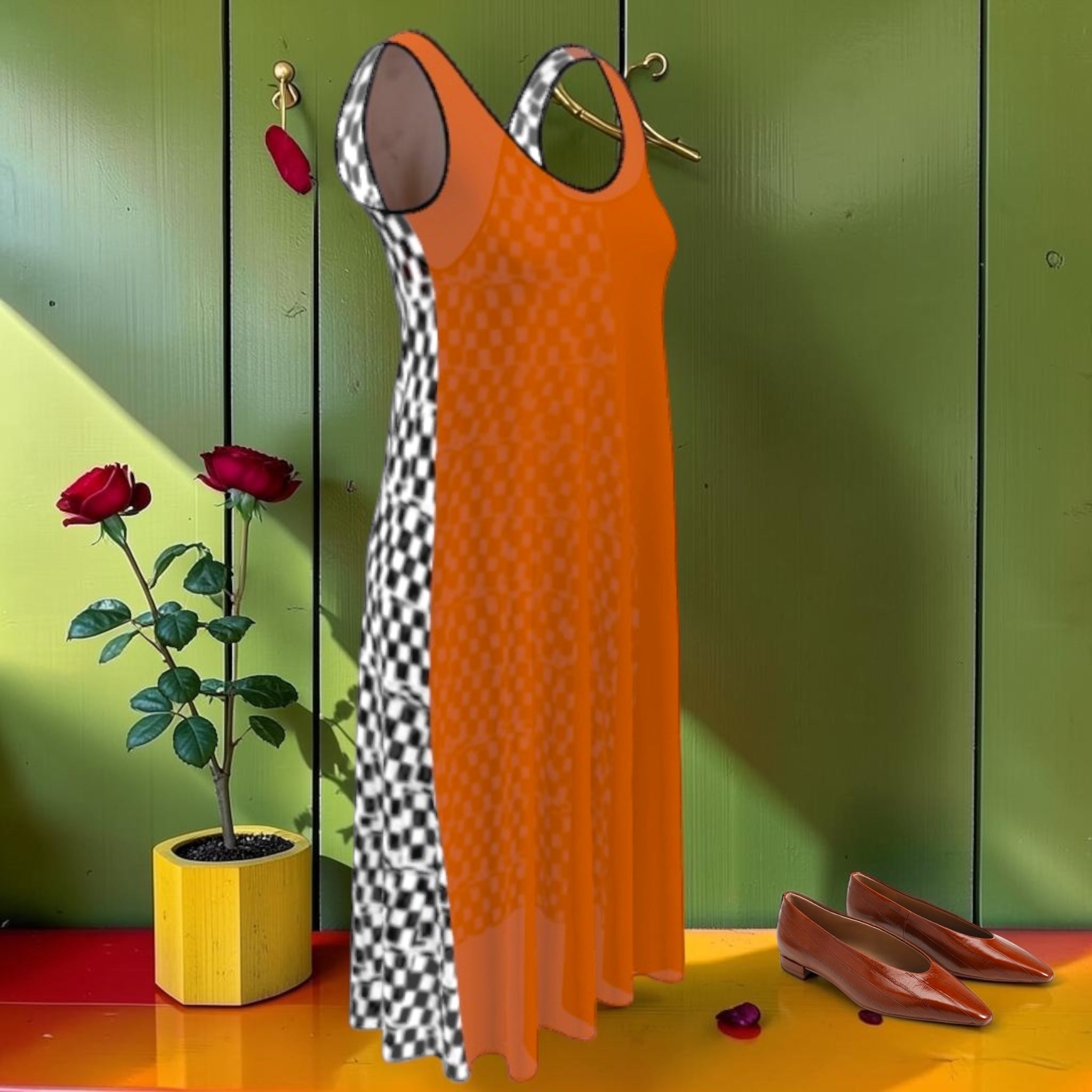 Vol I — The Color Story Midi Dress — side view showing orange front and full Checkmate DNA back panel