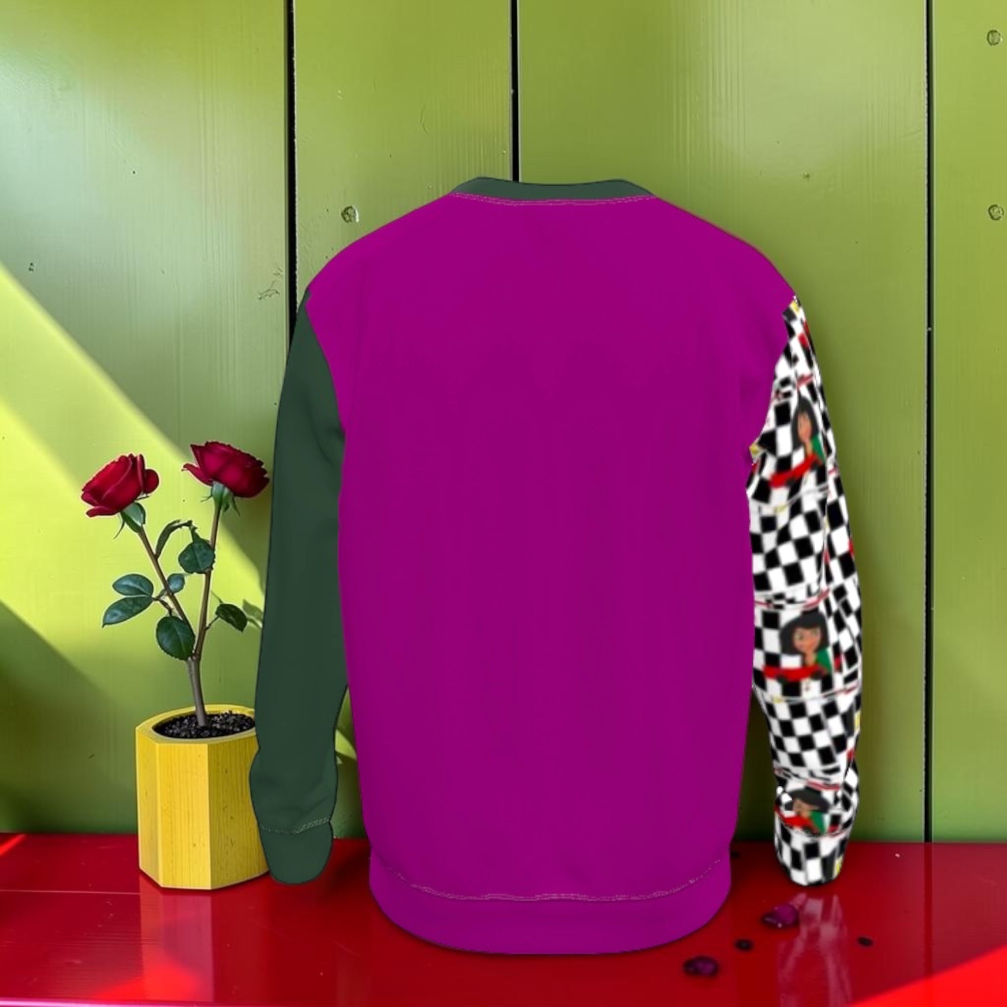 The Magenta Rule Sweatshirt — back view, magenta body with slate grey sleeve and Checkmate DNA print sleeve