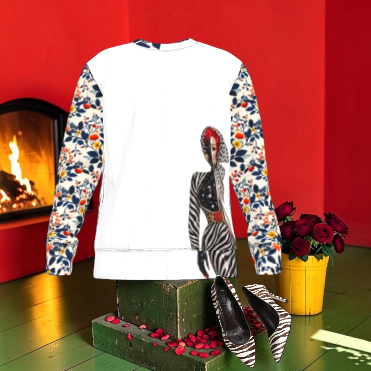 The Runway Muse Sweatshirt white front with fashion-figure graphic and floral sleeves; shoes not included