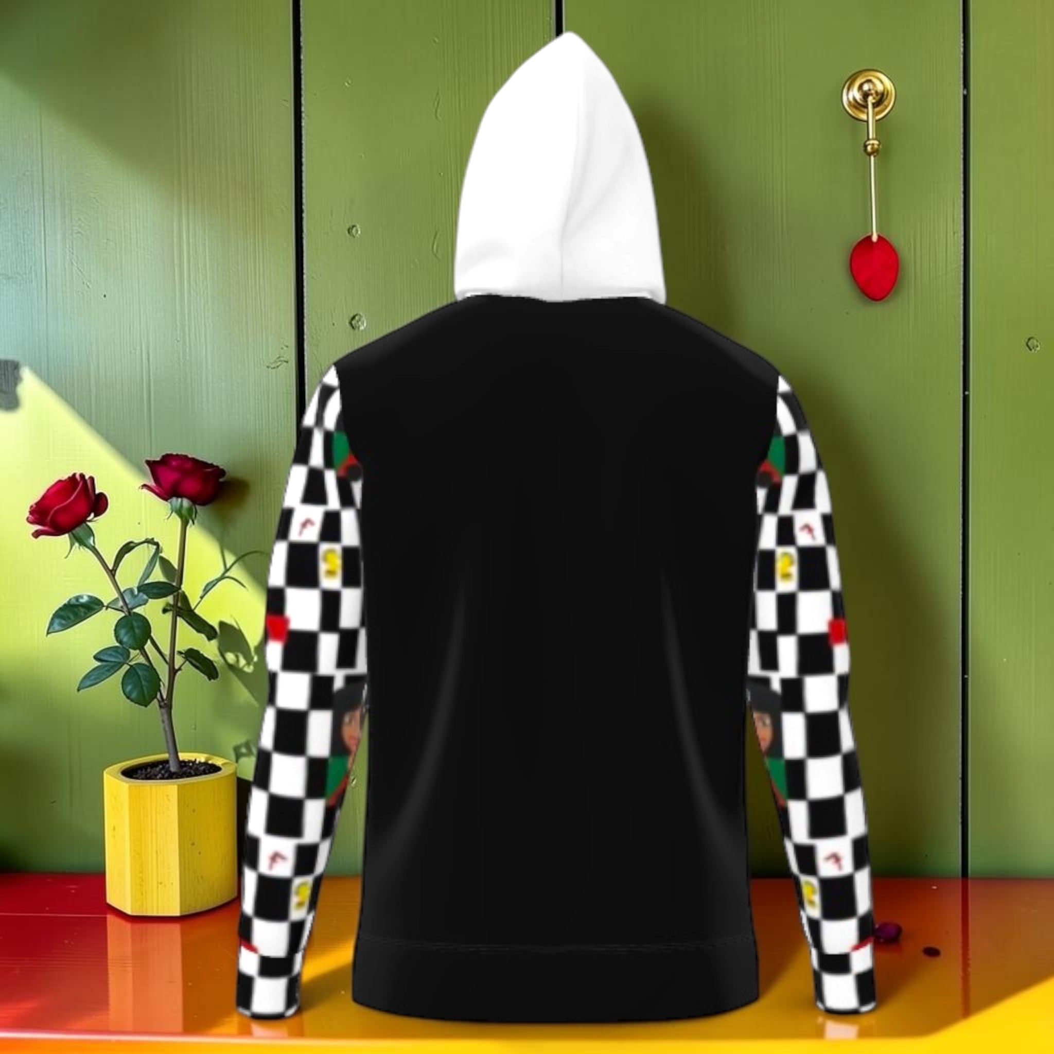 Vol IV — The Silent Check — Back view, black body with black and white checkered sleeves